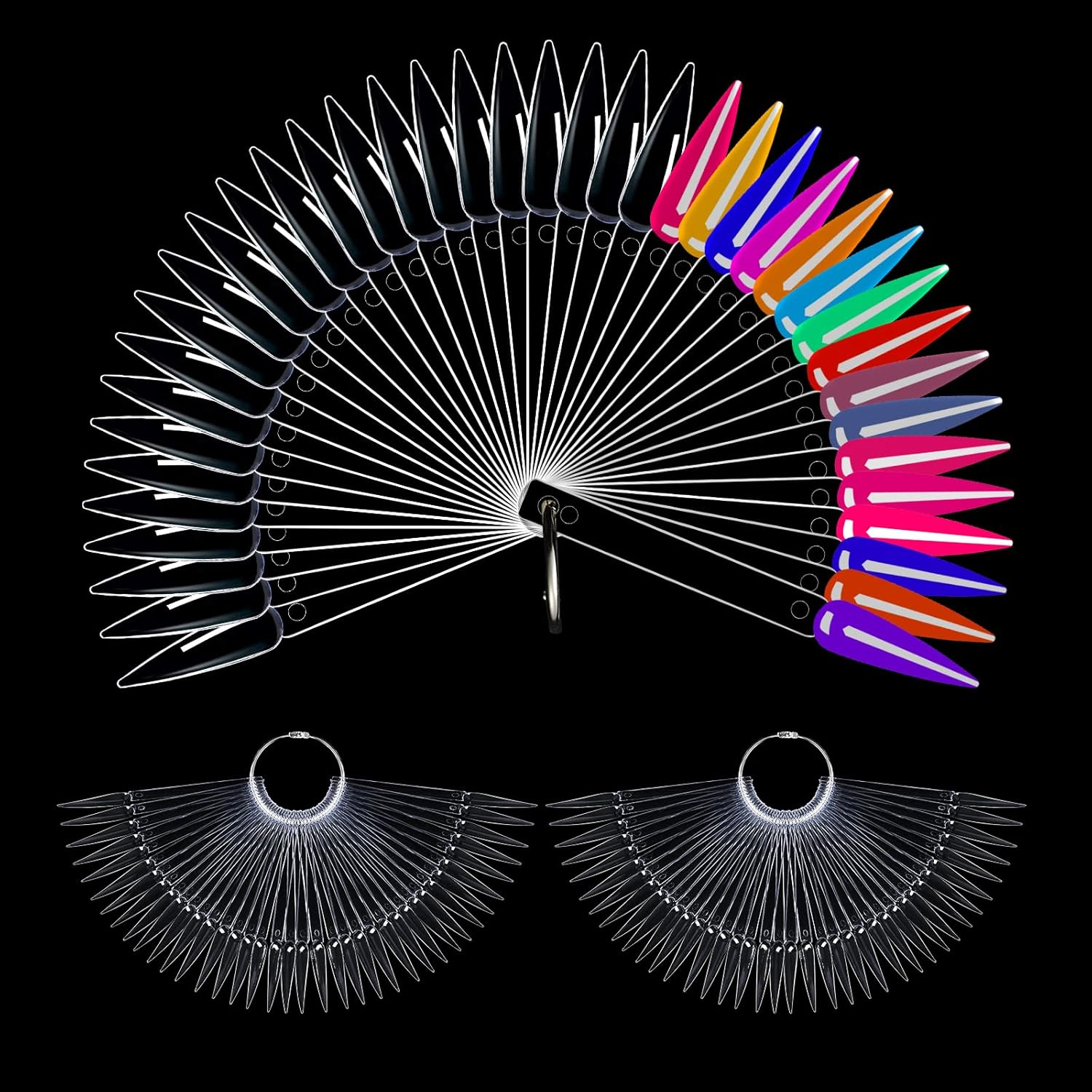 BNG Stiletto Nail Colour Display Sticks 80X Nail Art Tips Pop Sticks Gel Polish Practice Sample Nail Pops Salon Color Card Chart, Fan-Shaped Transparent Colors Wheel with Ring Holder Detachable image number 2