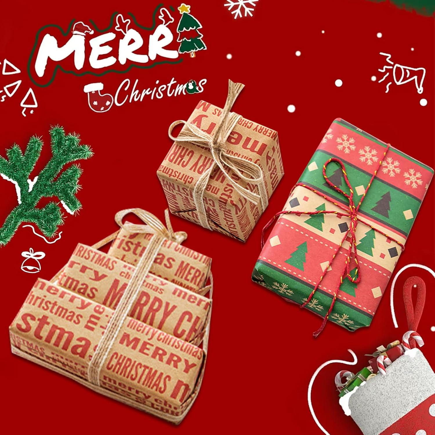 12 Pack Wrapping Paper Bulk,Cozy CORE Kraft Paper Eco-Friendly Recycled Kraft Sheets (70X50Cm) 6 Unique Designs + Bonus 10M Jute String & 10 Gift Tags image number 4