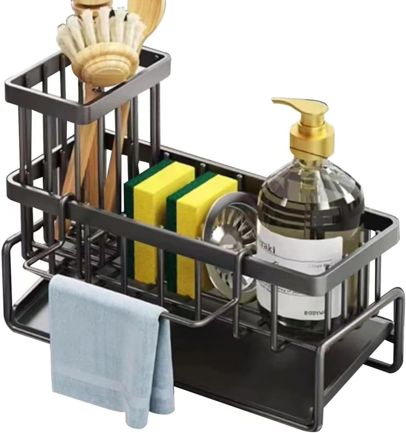 Kitchen Sink Caddy Organiser with Self Draining Tray, Sponge Holder for Kitchen Sink with Brush Holder, Dish Soap Dispenser Storage, Kitchen Sink Organise, Organiser for Counter (Black)