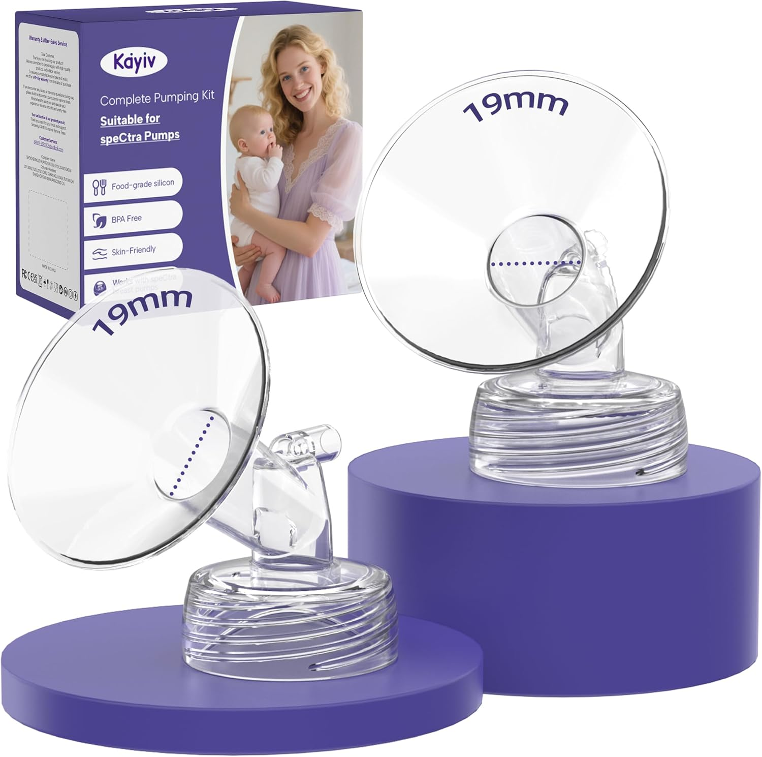 KAIYIV 19Mm Flanges Compatible with Spectra S1/S2/9 Plus/Synergy Gold &ndash; Wide Neck Breast Pump Replacement Parts &ndash; Not Original Spectra Flange (2 PCS) image number 4