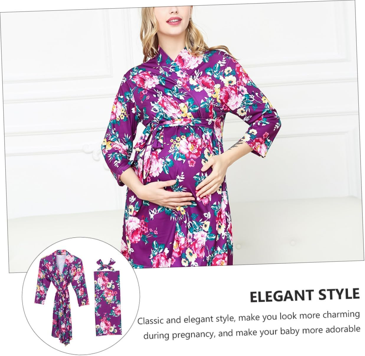 FOMIYES 3Pcs Maternity Robe for Women with Blanket and Headband Breathable Nursing Nightgown with Elegant Floral Print Comfortable Loose Fit Sleepwear for Postpartum and Pregnancy S image number 3