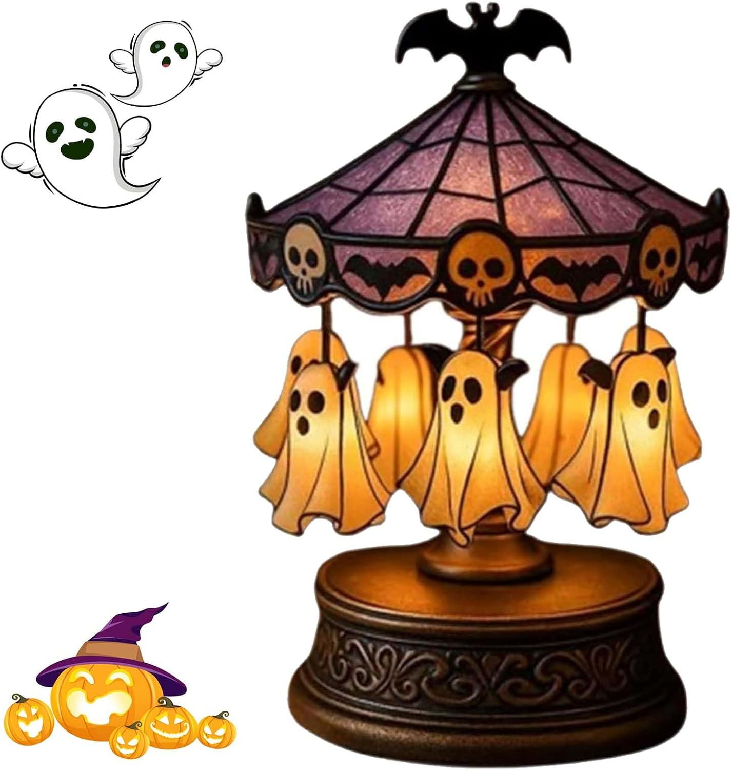 Ghost Carousel Lights, Halloween Ghost Carousel Night Light Decor, Night Light USB Rechargeable, Antique Copper Base & Purple Stained Glass, for Indoor Home Party Kitchen Table image number 2