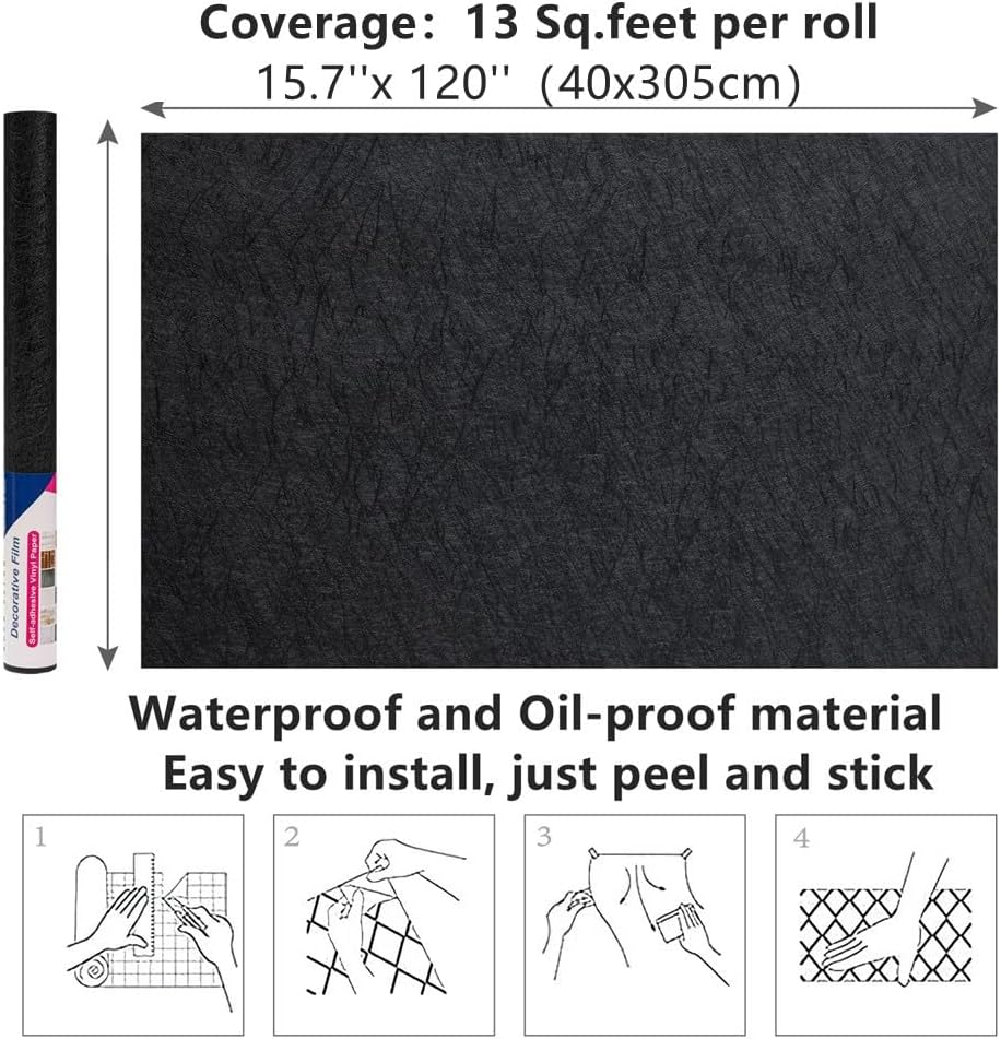 Arthome Black Silk Wallpaper 40X310Cm,Self Adhesive Silk Embossed Wallpaper,Removable Waterproof Kitchen Wall Stickers,Furniture Closet Surface Stickers image number 5