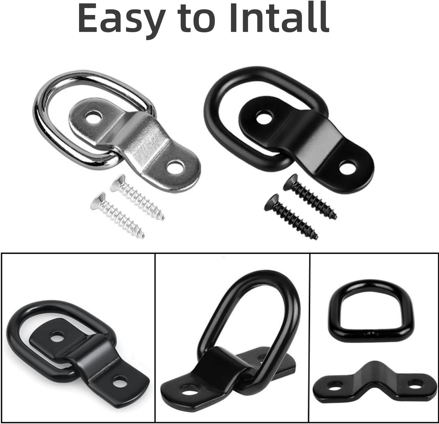 12PCS Heavy Duty Steel D Rings Tie down Anchors,D Rings Tie down Anchors Hooks for Trailer Truck Bed Bracket Enclosed Points Pickup Camper Surface Mount D-Ring Heavy Duty (12, Black) - Silver, 6 image number 6