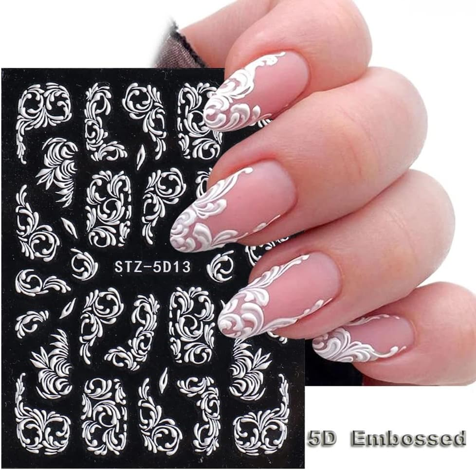 Flower Nail Art Stickers Decals, 8 Sheets 5D Engraved Flower Nail Decals White Wedding Nail Art Accessories French Tips Nail Designs Self Adhesive Lace Flower Carving Nail Stickers for Women Girls image number 4