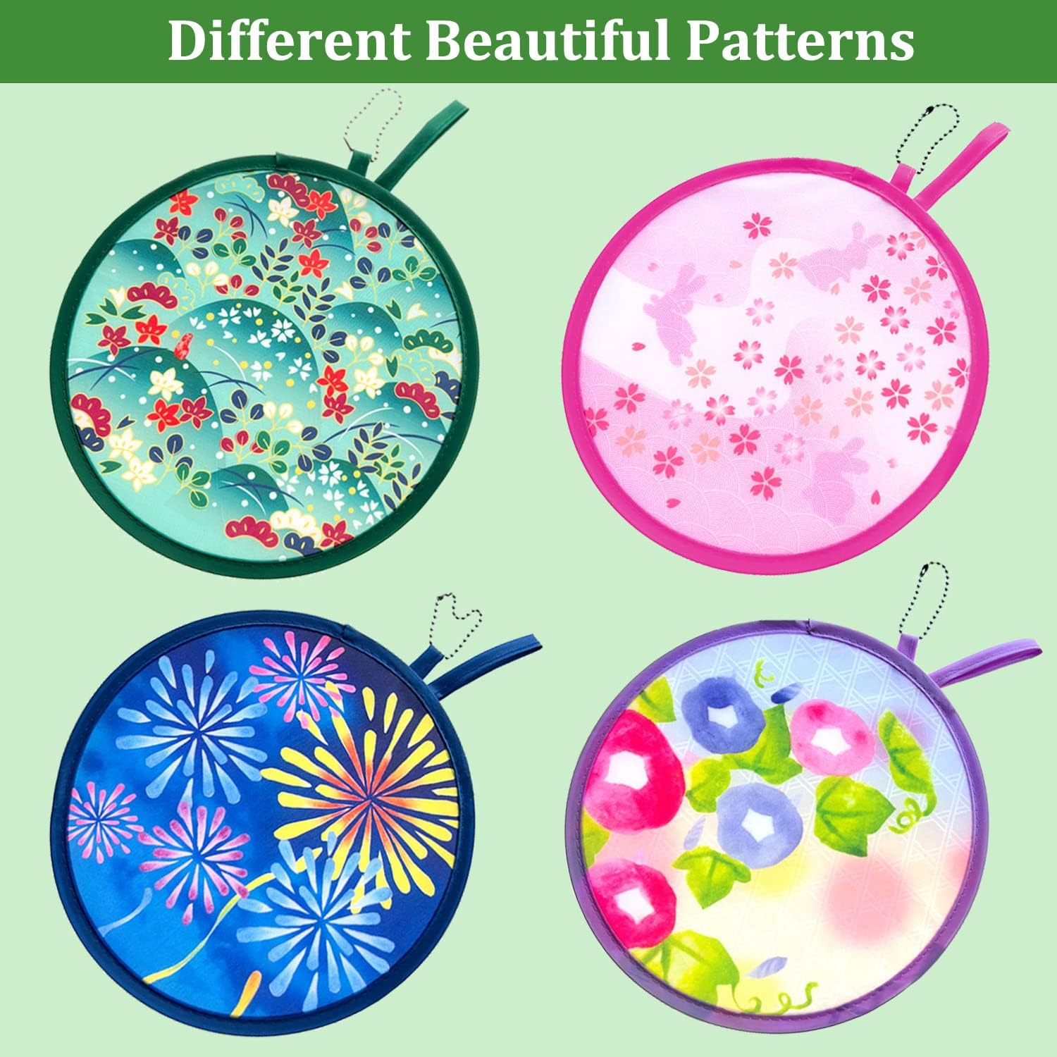 MXY Foldable Fan Japanese Style Summer Handheld round Folding Fan Beautiful Pattern Festival Decor Wedding Home Decoration 4 Units Different Patterns