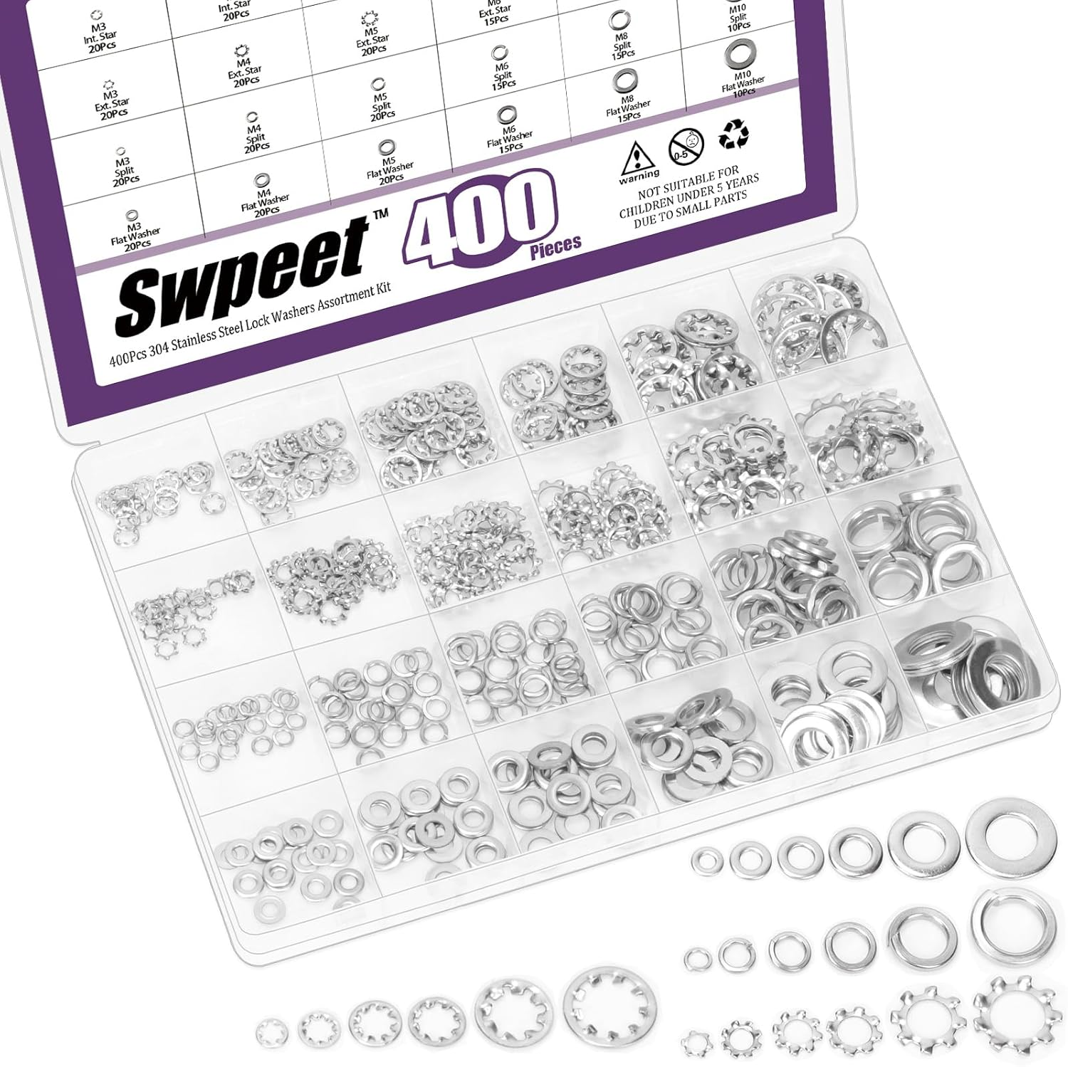 Swpeet 400Pcs 4 Styles M3 M4 M5 M6 M8 M10 Stainless Steel Lock Washers Assortment Kit, External Tooth Washers, Internal Tooth Serrated Lock/Split Lock/Flat Washer for Bolts image number 5