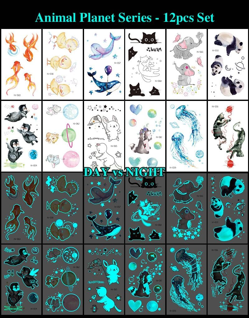 12 Sheets Glow in the Dark Tattoo Sticker Waterproof - Temporary Tattoos - Animal Cat Elephant Penguin Whale Minimalist Designs - Makeup Body Art Tattoo Sticker Pack for Adults Kids - 10.5X6Cm - Steadyink&reg; image number 1