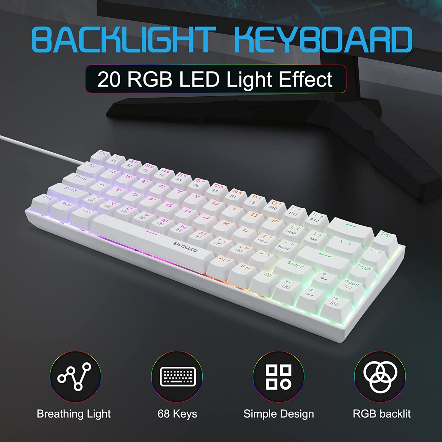 HUO JI Portable 65% Mechanical Gaming Keyboard, E-YOOSO Z-686 Customizable Per-Key RGB Backlit, Compact 68 Keys Mini Wired Office Keyboard with Red Switch for Windows Laptop PC Mac - White image number 6