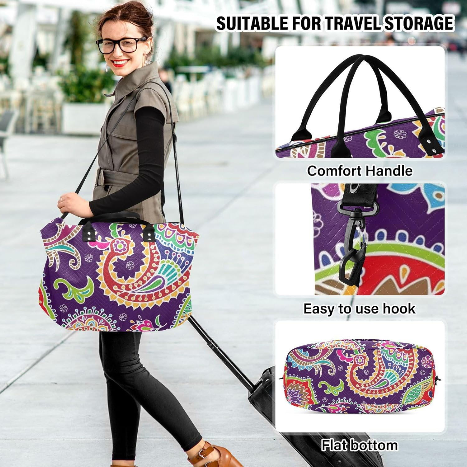 Ethnic Style Paisley Cashew Flower Ham Tattoo Personal Item Travel Bag Travel Weekender Gear Bag Sports Duffel Bags with Adjustable Strap for Sports Large Capacity, Ethnic Style Paisley Cashew Flower image number 4
