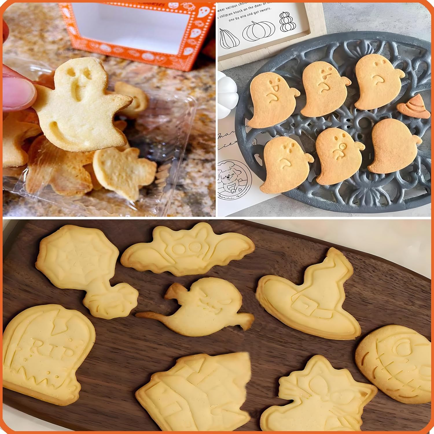 LEISWAYON 8 Pcs Mini Halloween Cookie Cutters, 3D Ghost Raised Design Cookie Stamps, Cookie Cutter Set Suitable for Frosting Decoration, Day of the Dead Decorations (A)