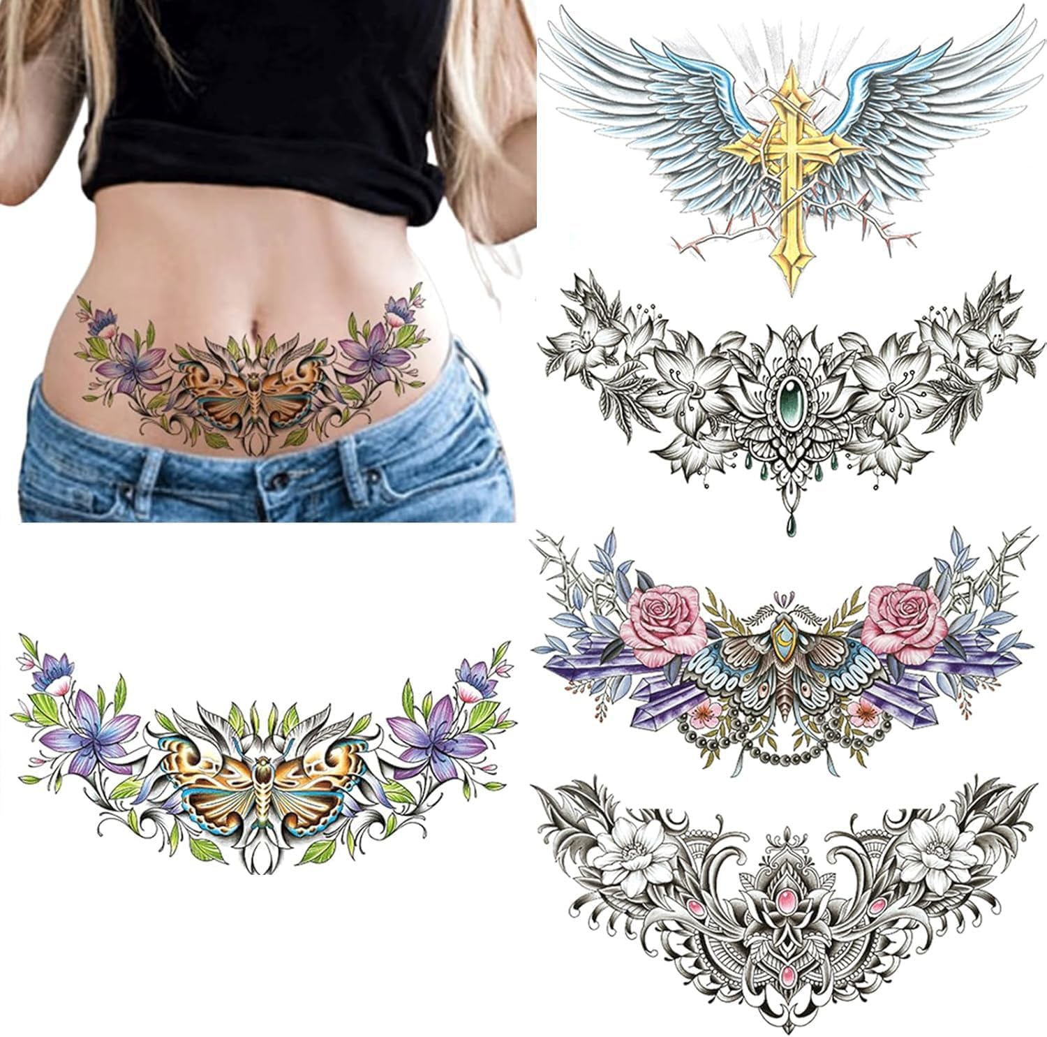 5 Sheets Chest Large Temporary Tattoo for Women, Abdomen Waist Back Fake Tattoos for Adults, Realistic Moth Flowers Tattoo Stickers, Body Scar Cover Belly Tattoos image number 2