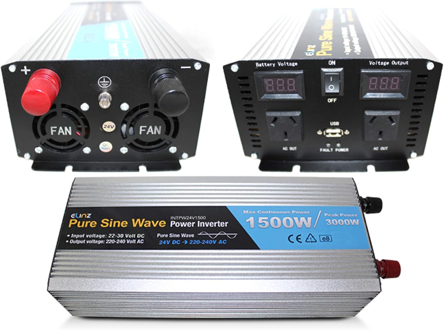 Elinz Pure Sine Wave Power Inverter 1500W/3000W 24V - 240V AUS Plug Truck Car Caravan 24V 18 Months image number 2