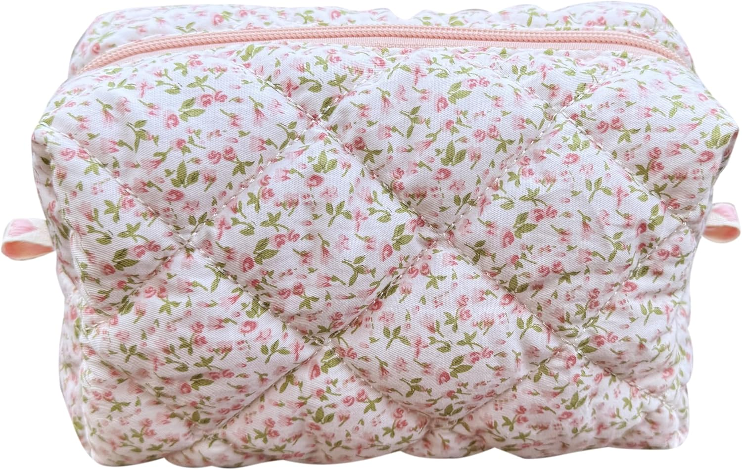 ZUNUONUO Cotton Quilted Makeup Bag Coquette Accessories Make up Bag Organizer Cute Floral Cosmetic Pouch Travel Makeup Bag for Women, Little Roses, Coquette - Beige Teddy image number 6