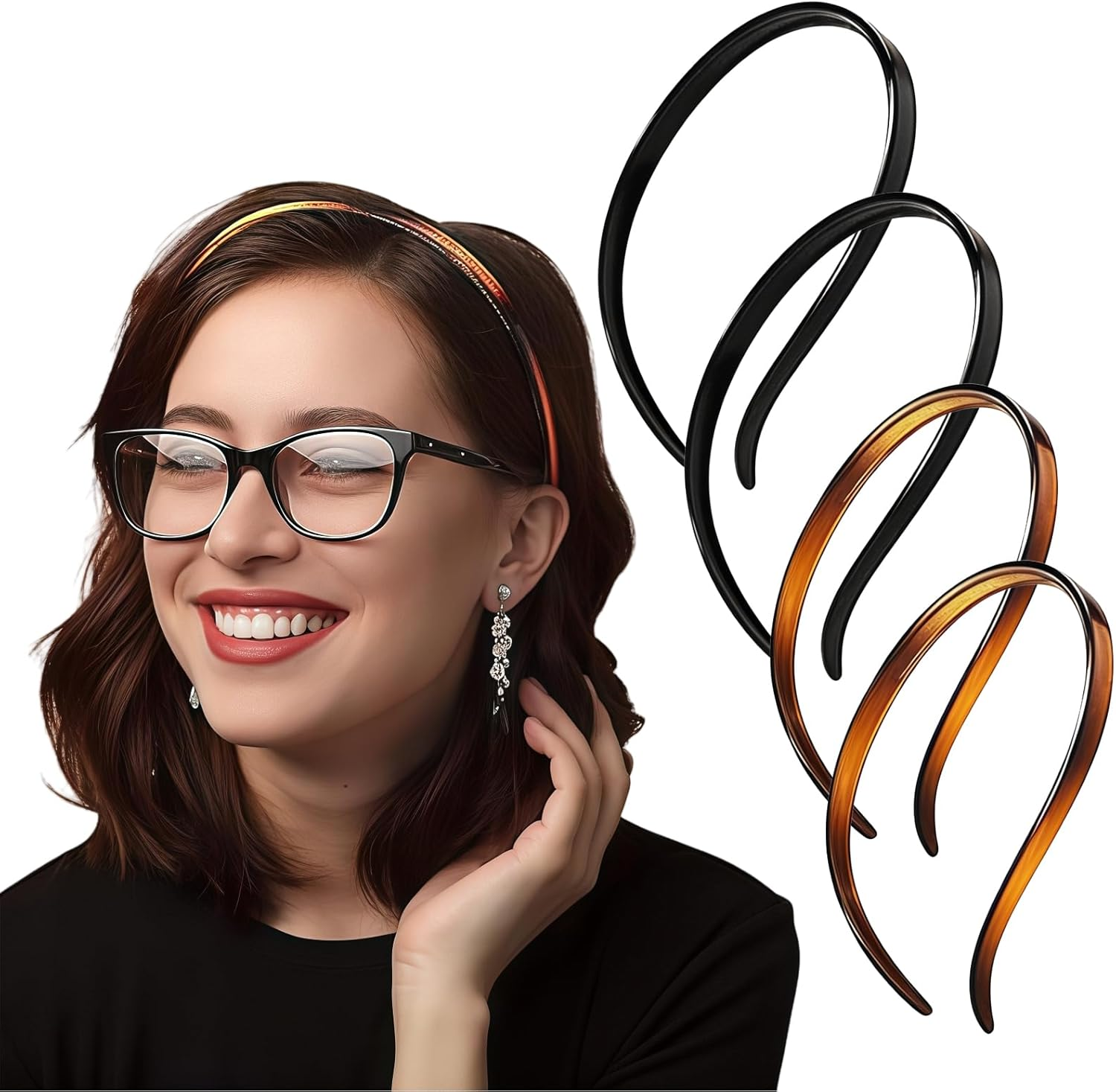 Flexible Hair Bands for Glasses Wearers, Thin Plastic Hair Headband Combs with Teeth, Pressure-Free Non-Slip Comfortable Hair Bands for Women, Pack of 4 image number 1