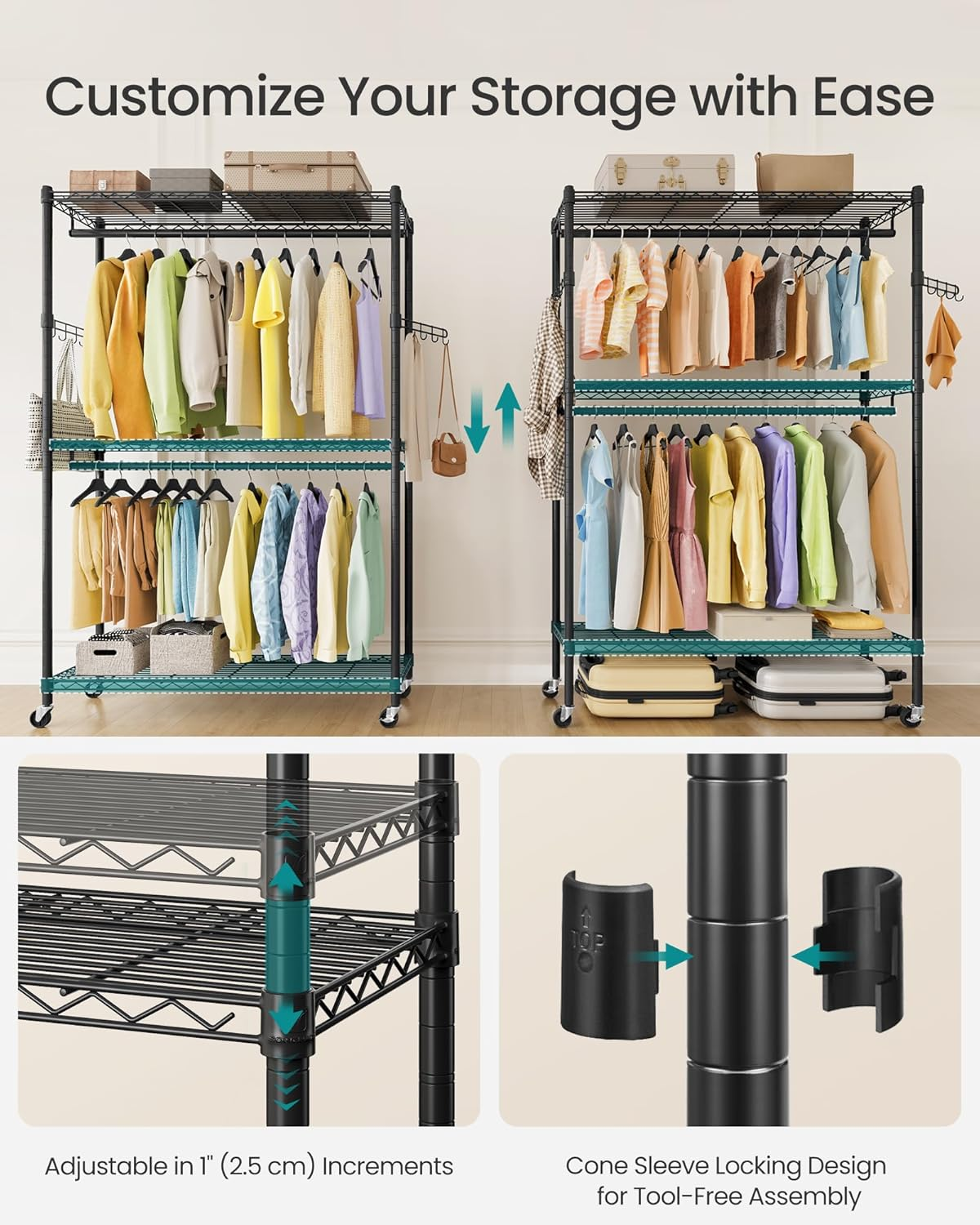 SONGMICS Garment Rack, Heavy-Duty Rolling Clothes Rack, Portable Closet Rack, 43.3-Inch Wide Clothing Rack on Wheels, with Adjustable Mesh Shelves and Hanging Rails, Hooks, Ink Black ULGR414B01