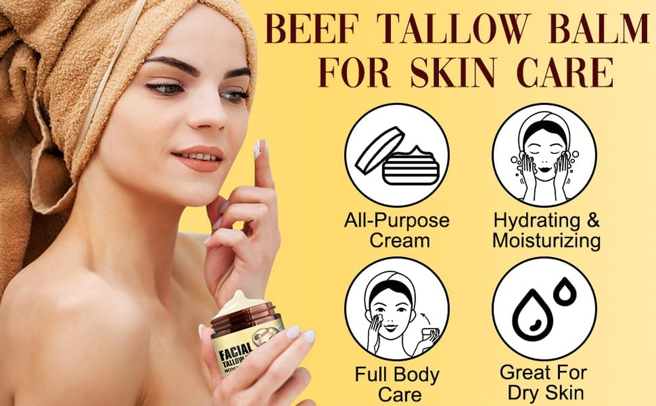 LH 2PCS Whipped Tallow Balm - Grass-Fed Beef Fat Face Cream - Honey - Natural Moisturizer for Dry and Sensitive Skin