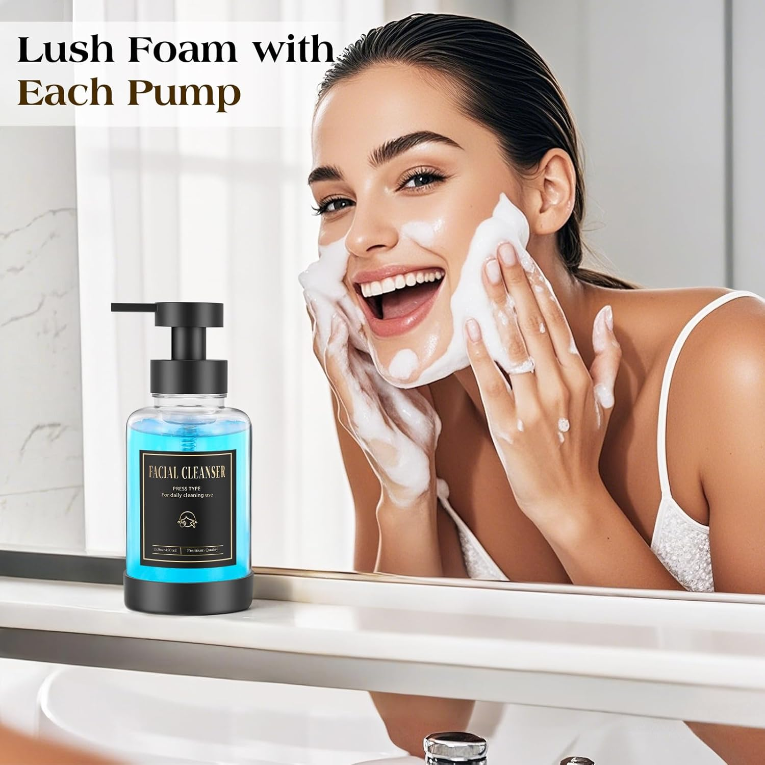 Luxspire Foaming Soap Dispenser, Glass Foam Pump Soap Dispenser, Non-Slip Hand Soap Dispenser with 5 Waterproof Labels, 15 Oz Refillable Liquid Soap Dispenser for Bathroom & Kitchen, Clear, 1 Pack image number 6