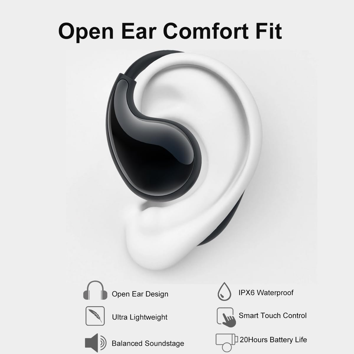Eleror Open Ear Wireless Earbuds Bluetooth Running Headphones, 6G Ultra Lightweight Small Ear Buds with Nature Sound Earphones for Fitness/Workouts (Black) - Black image number 3