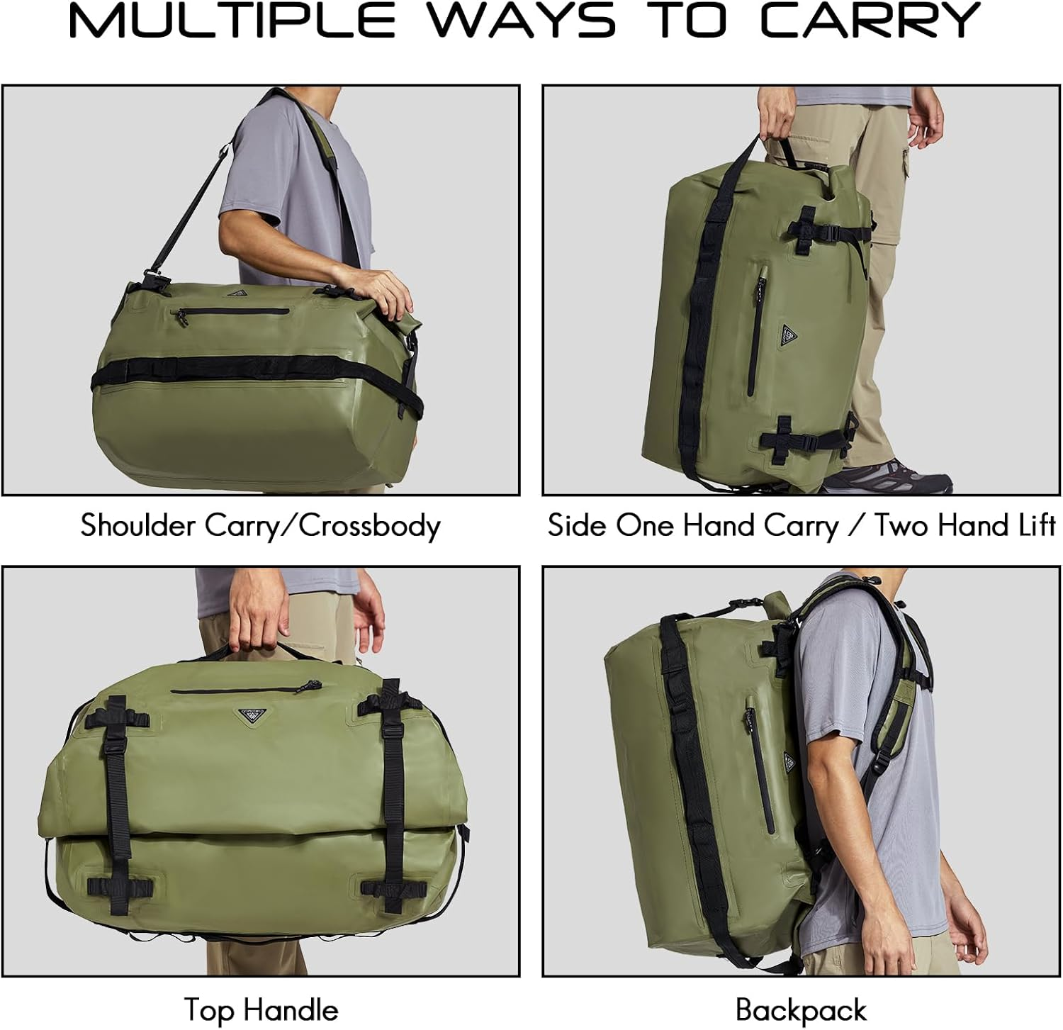 Haimont 60L Waterproof Duffle Sports Holdall Backpack for Men Women Heavy Duty Roll-Top Dry Bag Outdoor, Army Green - Army Green image number 6