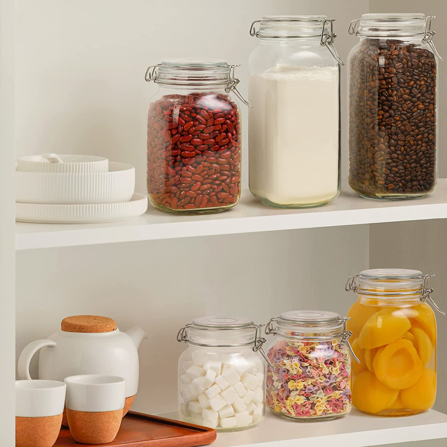 Comsaf Airtight Glass Jar with Clip Top Lids, 34Oz/1000Ml Set of 3 Food Storage Canister with Seal Wire for Preserving, Pickling, Canning, Cereal, Pasta, Sugar, Dry Food, Square，Mason Jars image number 2