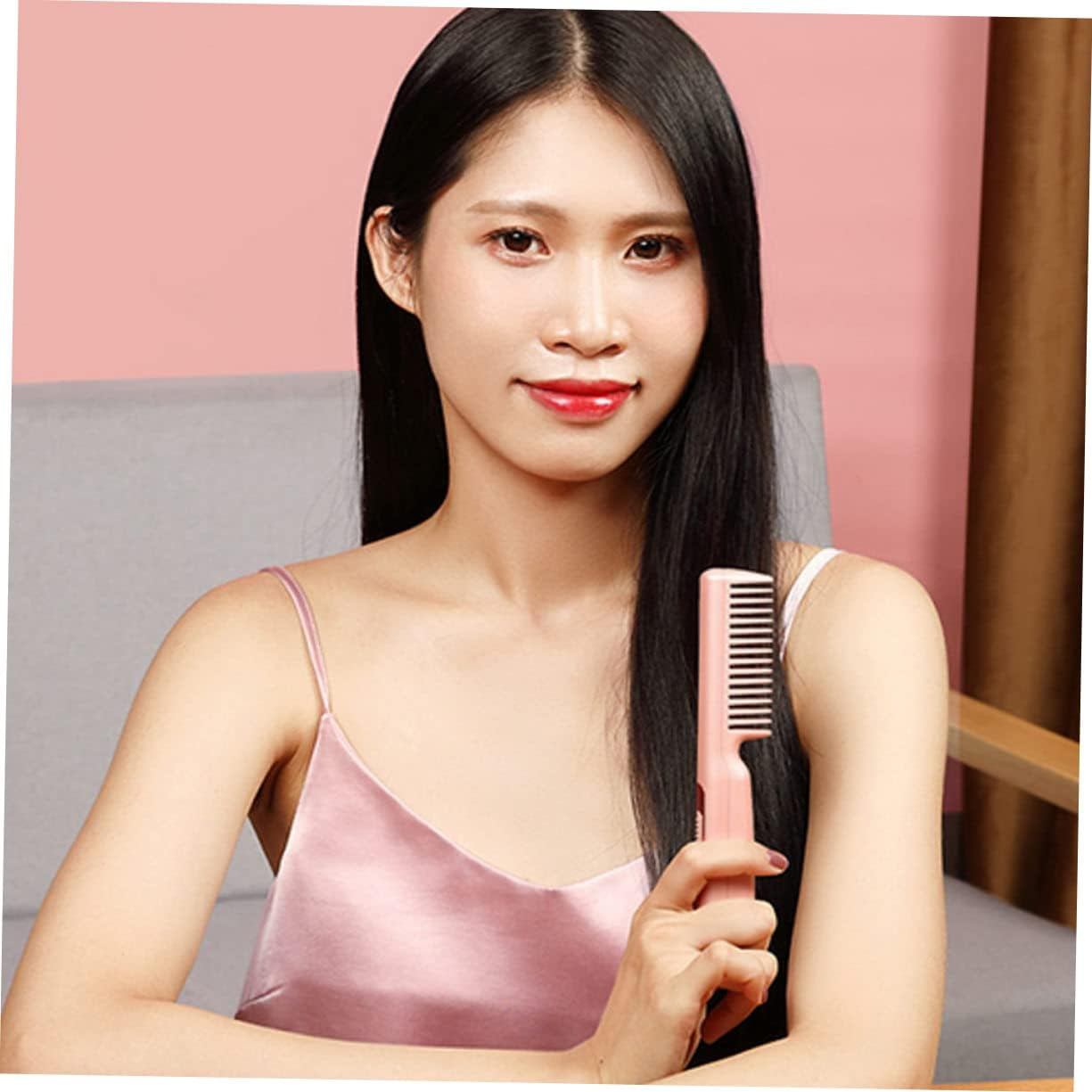Heating Hair Straightening Brush and Curler Comb Portable USB Rechargeable Pink Mini Travel Hair Straightener Comb for Women image number 1