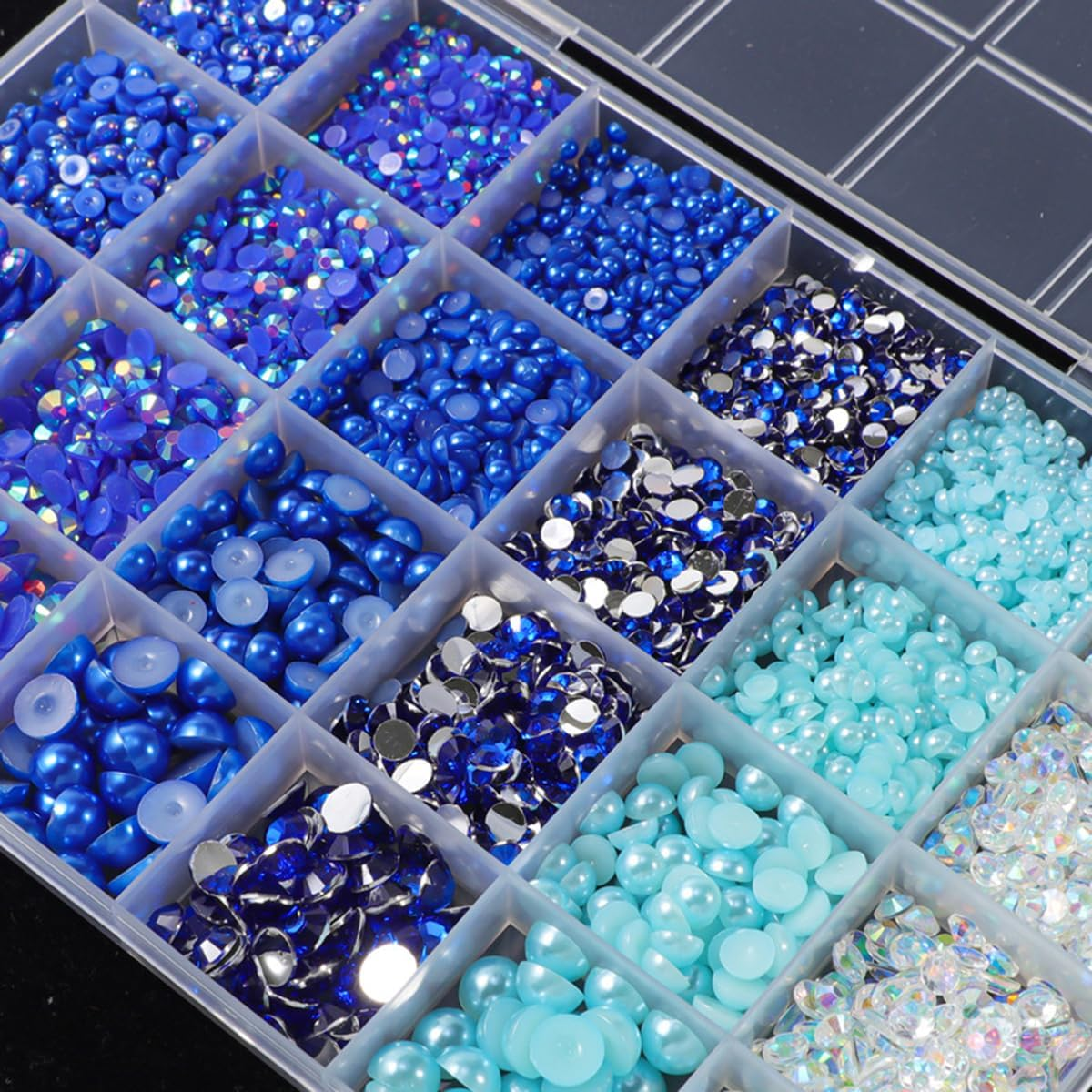 24 Grid Flatback Rhinestones and Beads for Nails, Betterjonny Rhinestones for Crafts 3-8 Mm Glitter Stones Half Beads with Tweezers and Dotting Pen for DIY Crafts Nail Design Clothing, B