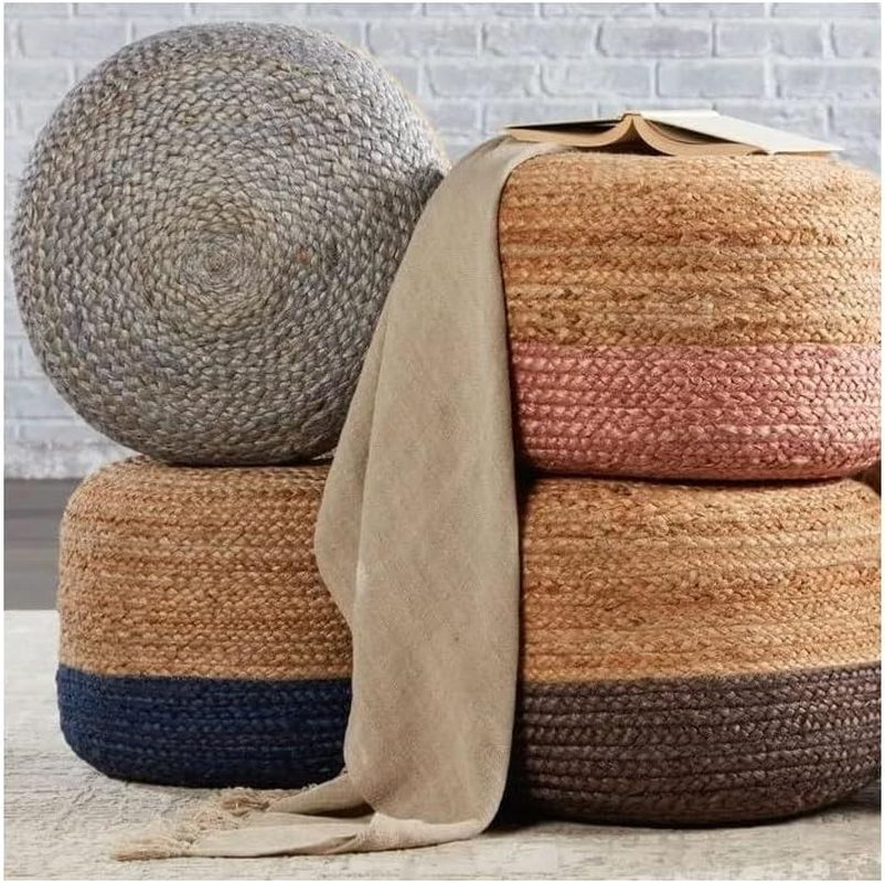 La'Grace Home Ombre Hand Braided Jute Cotton Pouf Ottoman, Jute Charcoal
