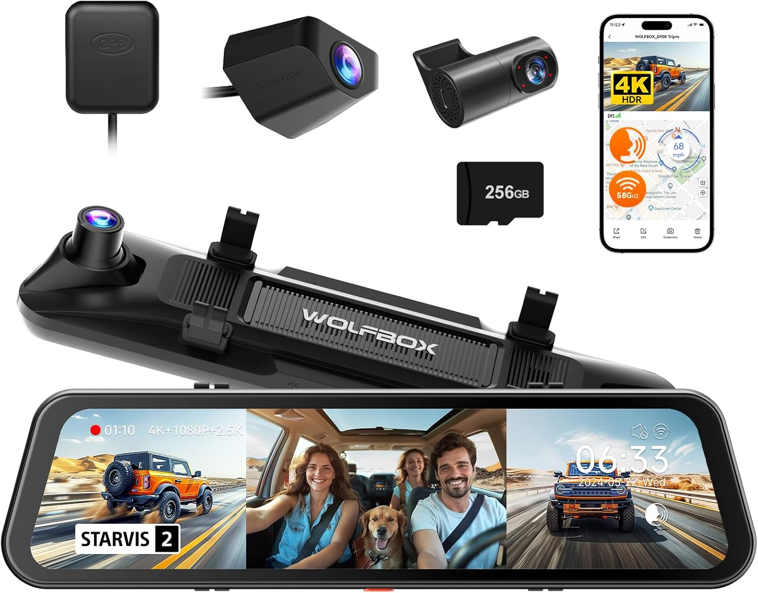 WOLFBOX G900 Tripro Cabin Version 3 Channel Mirror Dash Cam Front and Rear, 4K+1080P+2.5K Dash Cam with STARVIS 2 IMX678 Night Vision, 5.8Ghz Wifi, Voice Control, 24H Parking Mode, 256GB Card