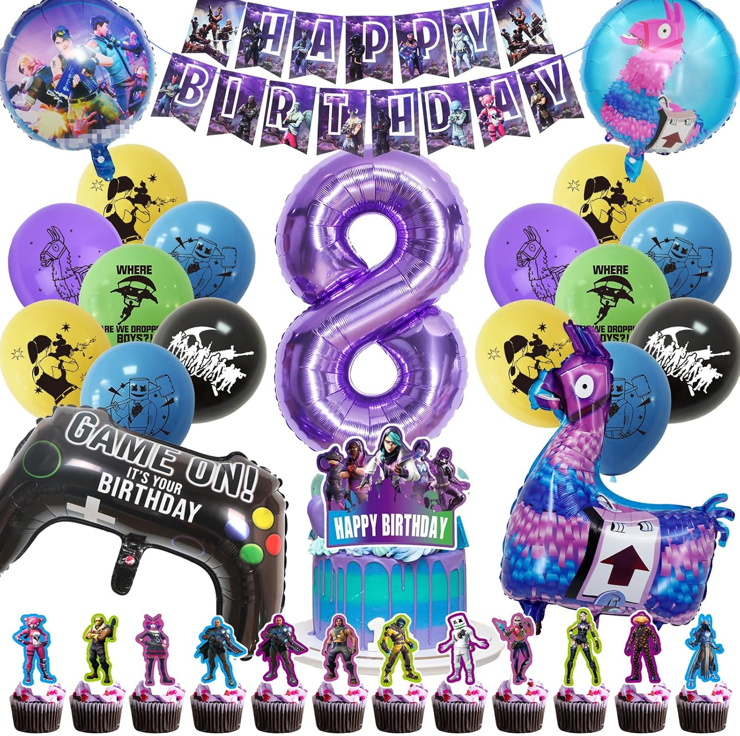 Fortnit Birthday Decoration 8 Years Boy, 51 Pieces Gaming Party Birthday Decoration, Fortnit Balloon 8Th Birthday Boy Set, 3D Purple Balloons Fortnit Gamer Birthday Decoration for Children (8 Years)