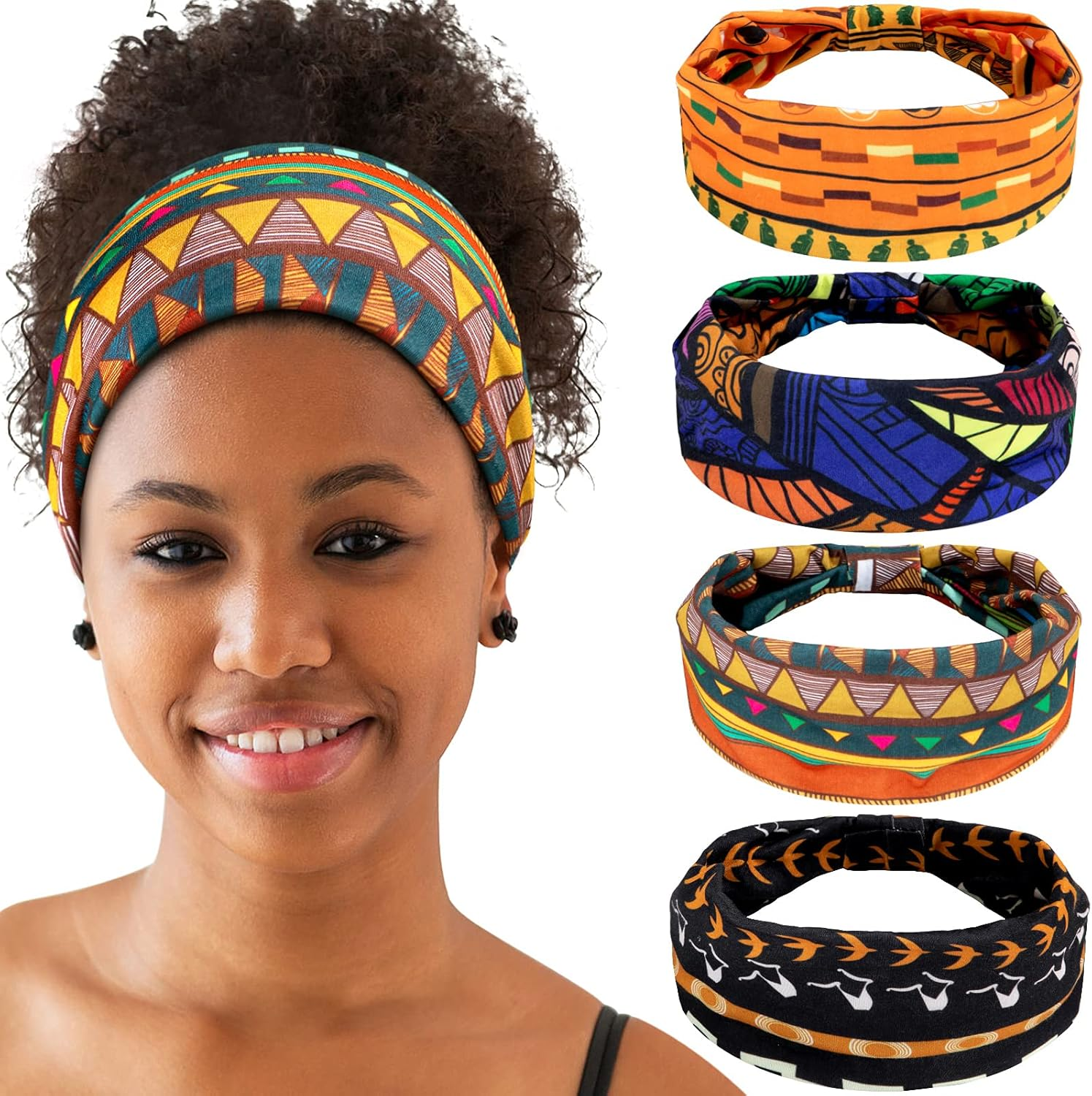 WILLBOND 4 Piece African Yoga Headband Stretchy Wide Knotted Hair Band African Hair Accessories for Women and Girls (Vintage Series) image number 1