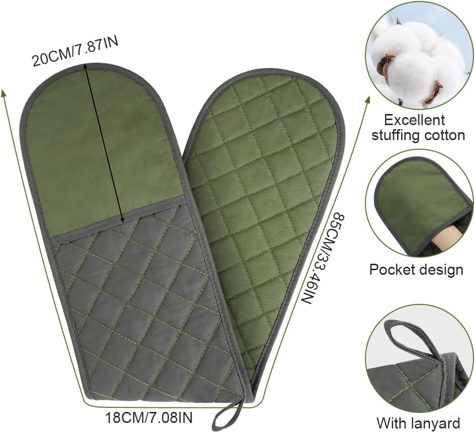 AUAUY 1 PC Double Oven Gloves, 250&deg;C/482&deg;F Heat Resistant BBQ Oven Mittens with Ropes, Exquisite Stitching Design Gloves Oven Mitts, Thick Cotton Oven Glove Mitts for Cooking Baking Grilling, Green image number 4