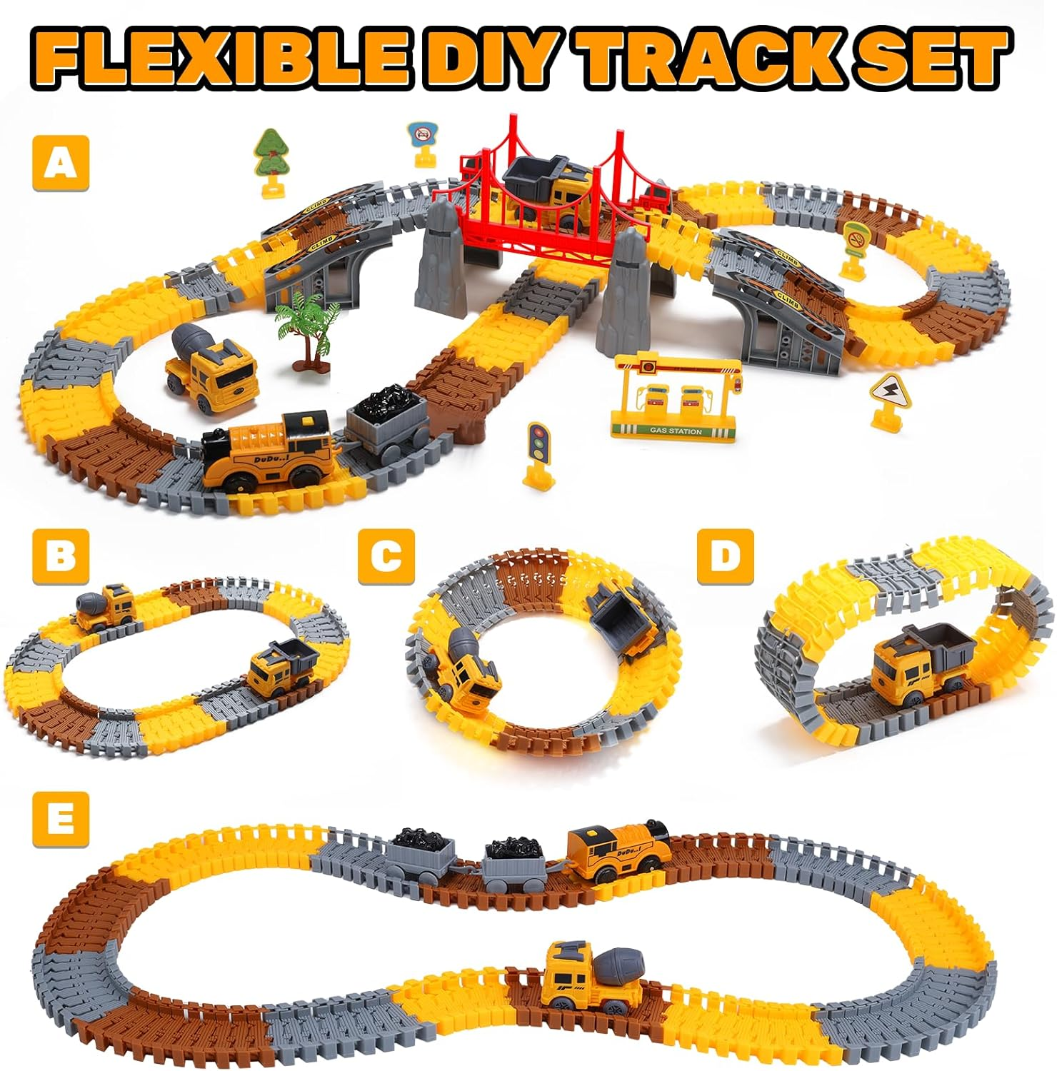 Eaglestone Construction Toys Race Track Set 206 PCS for Kids, Flexible Train Tracks with 1 Electric Train, Excavator, Cement Truck, Loading Truck, Engineering Gifts for 3 4 5 6 Year Old Boys Girls image number 6