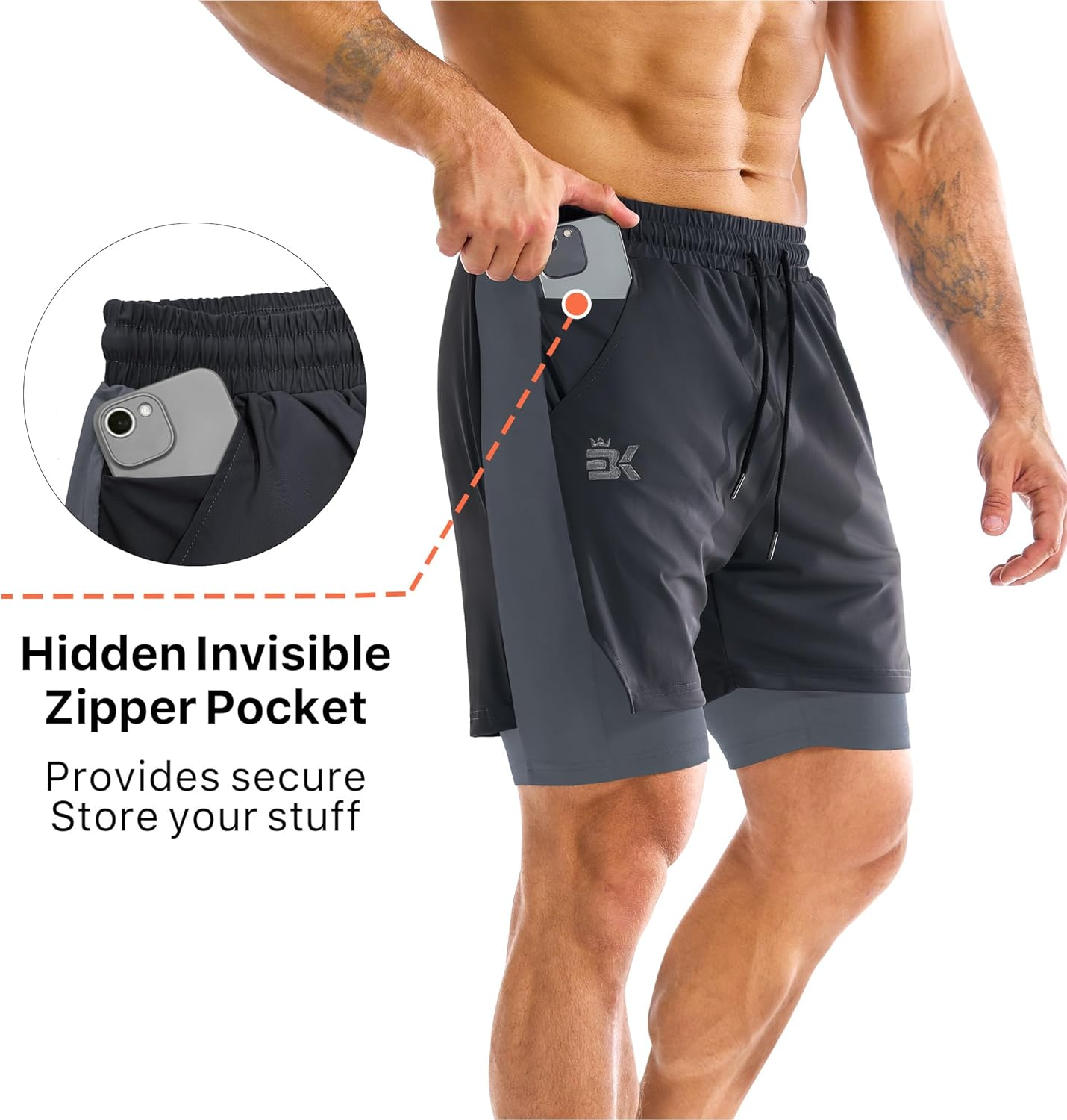 BROKIG Men'S Liner Gym Shorts, Lightweight Running Sport Workout Tennis Short Training Athletic with Zip Pocket image number 5