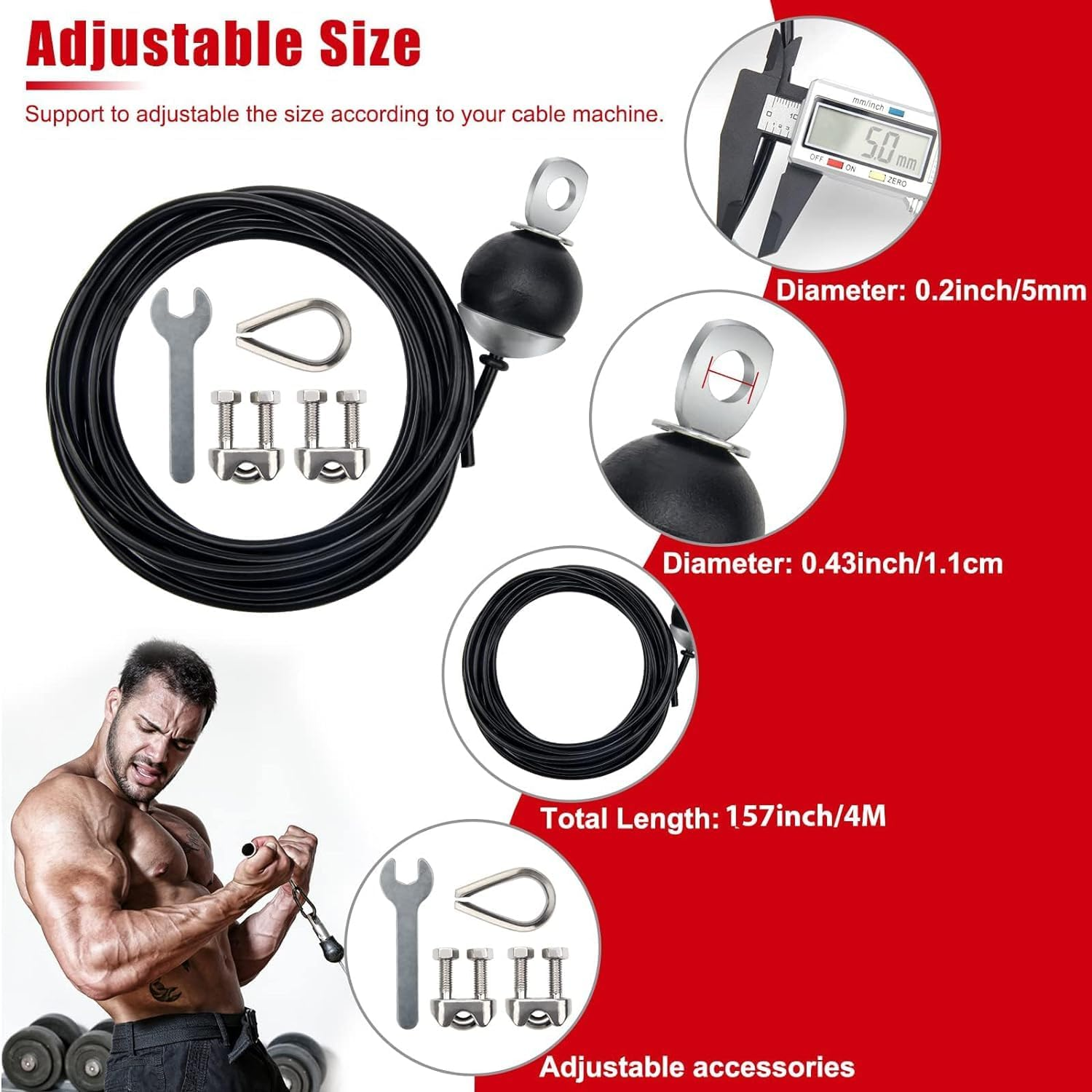 Fitness Pulley Cable, Adjustable Home Gym Cable Pulley System，Replacement Fitness Cable for Pulley Machine Accessories, Thick 5Mm Heavy Duty Pulley Cable for Home Gym - 157Inches/4M image number 5