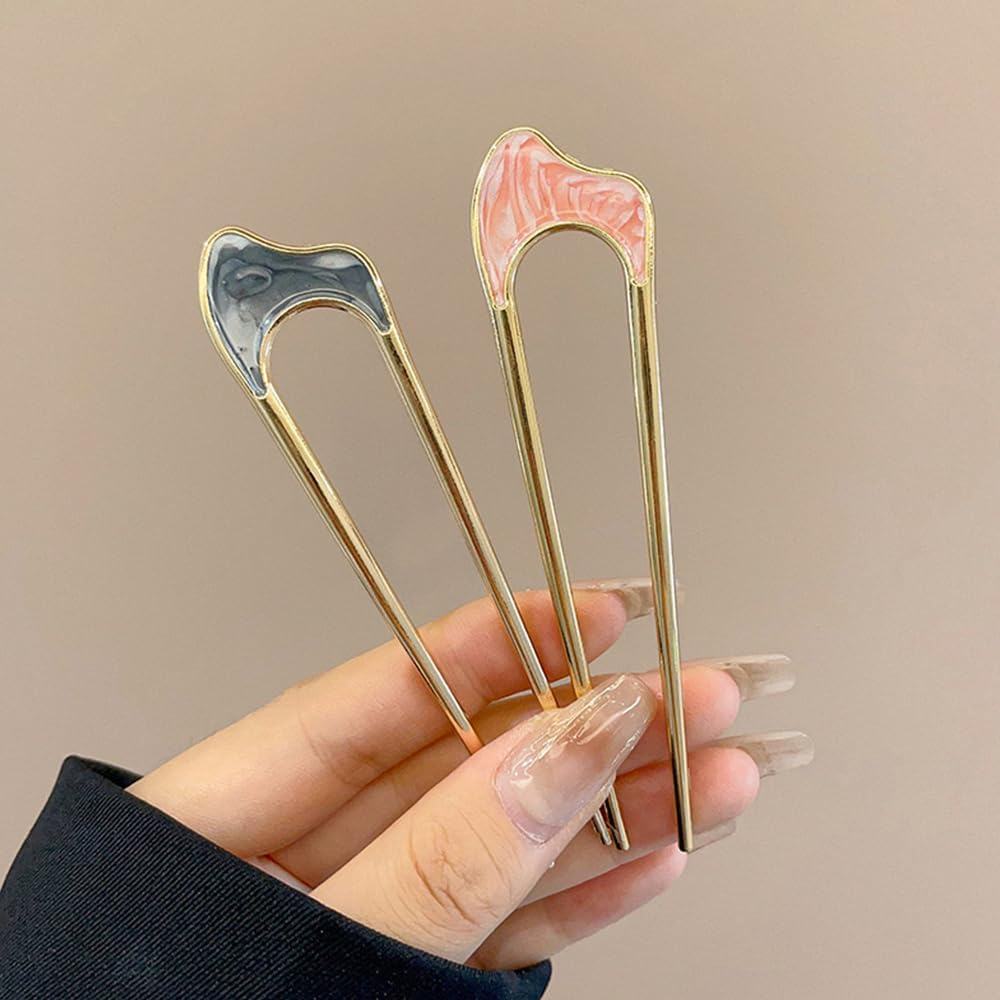 Visxcnu 6 Pieces French Hair Pins, U Shaped Metal Hairpins 2 Prong Updo Chignon Pins for Weddings Dating Vintage Hair Fork Hair Pin for Girls Women Hair Accessories