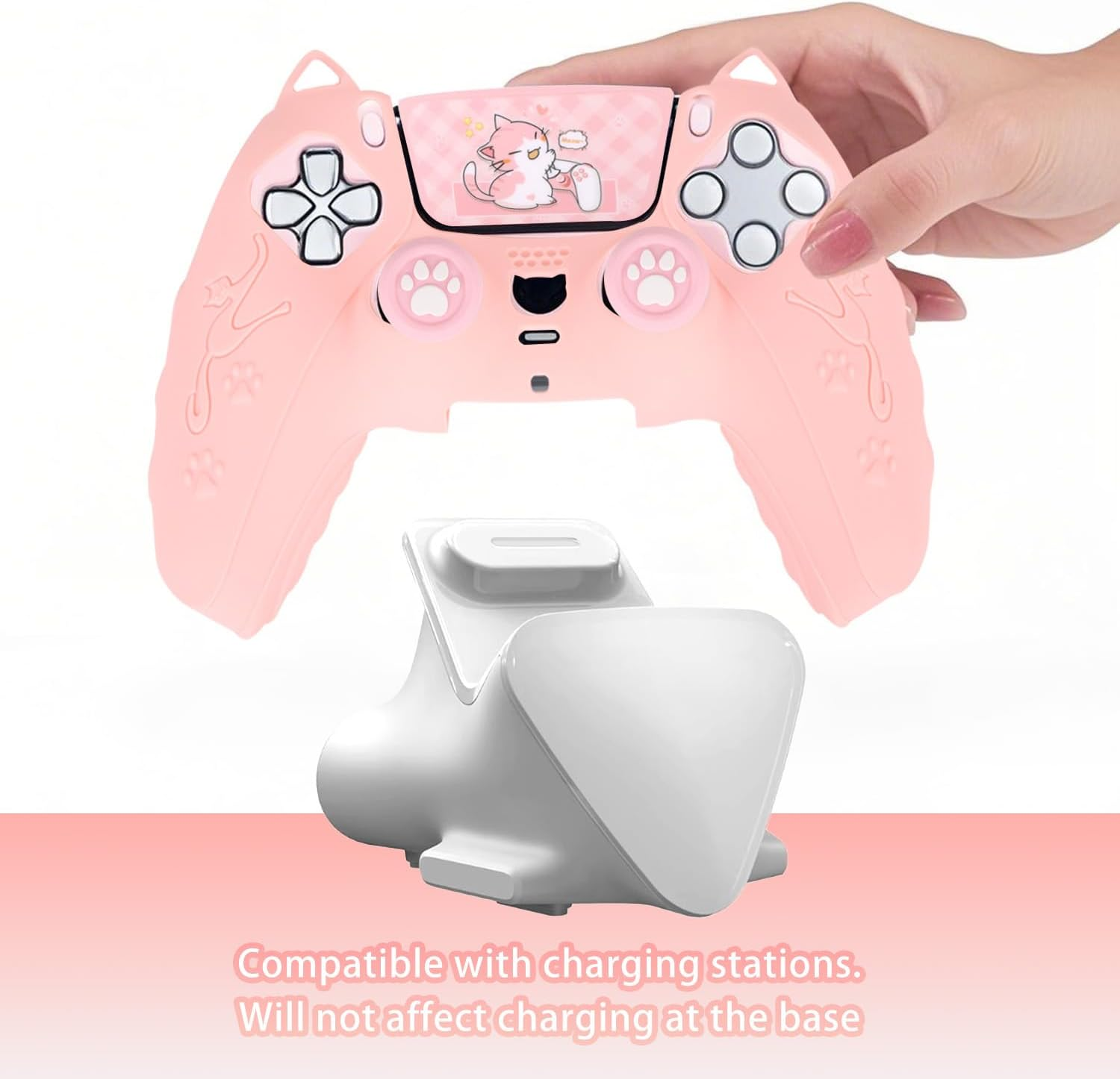Pink Controller Skin Set for PS5, Cute Cat Paw Anti-Slip Silicone Cover Case for PS5 Wireless Controller Accessories Protective Shell with Thumb Grips & Touchpad Sticker, Girls Gamer Gifts image number 3