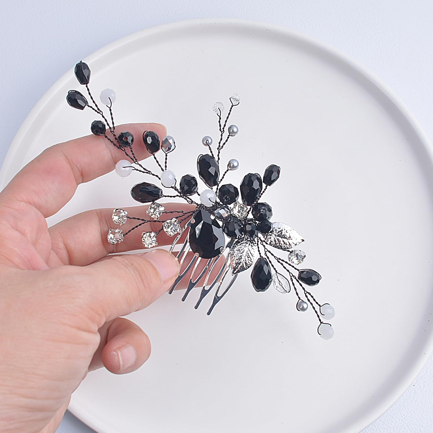 Wedding Hair Comb Clip, Beusoulover Bridal Hair Accessories Vintage Headpiece Women Rhinestone Onyx Black Teardrop Hair Piece Gift for Her Party Headpiece (3) image number 1