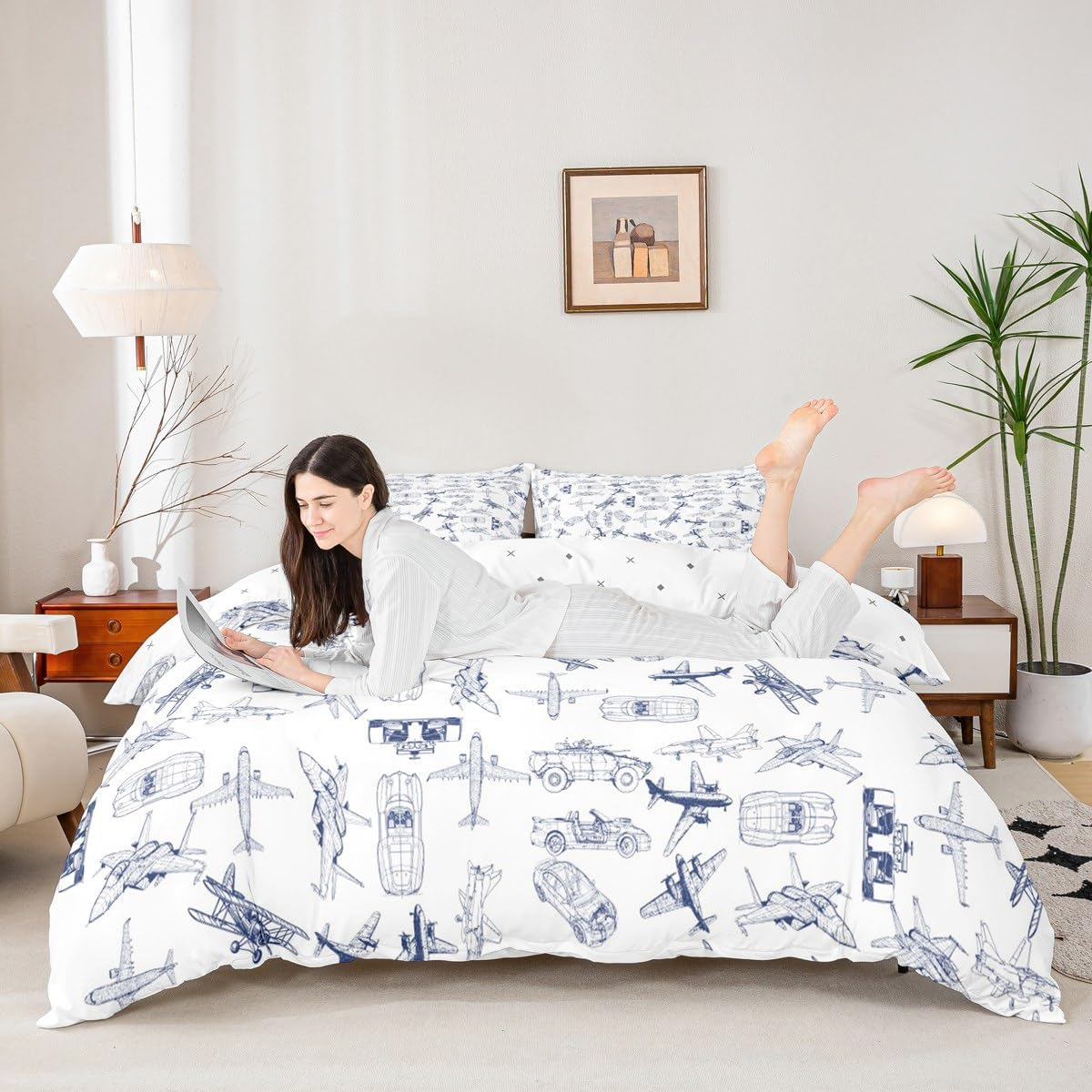 Aircraft Bedding Duvet Cover Set Kids Airplane Print Bedding Set Boys Girls Decor Aircraft Flying Comforter Cover Set Microfiber Sketch Style Blue White Bedspread Cover Bedroom Bedclothes Queen Size image number 1