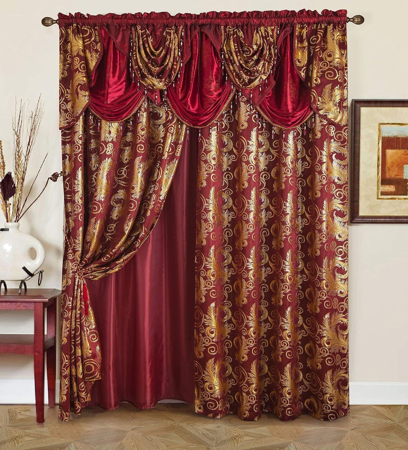 Golden Linen Jana Collection 2Pc Curtain Set with Attached Valance and Backing 55"X84" Each, Polyester & Polyester Blend, Taupe, 2 Panels of 55" X 84" Each