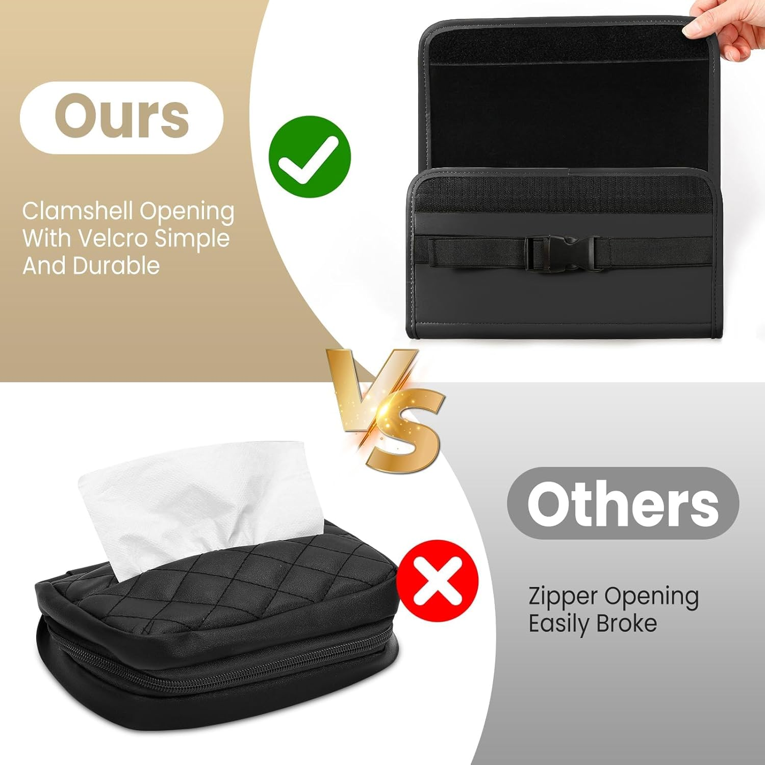Car Essentials Set: Black PU Leather Tissue Holder (100-150 Tissues) + 2-Pack Magnetic Sunglasses Holders for Visor - Interior Automotive Accessories for Women, Keep Tidy image number 3