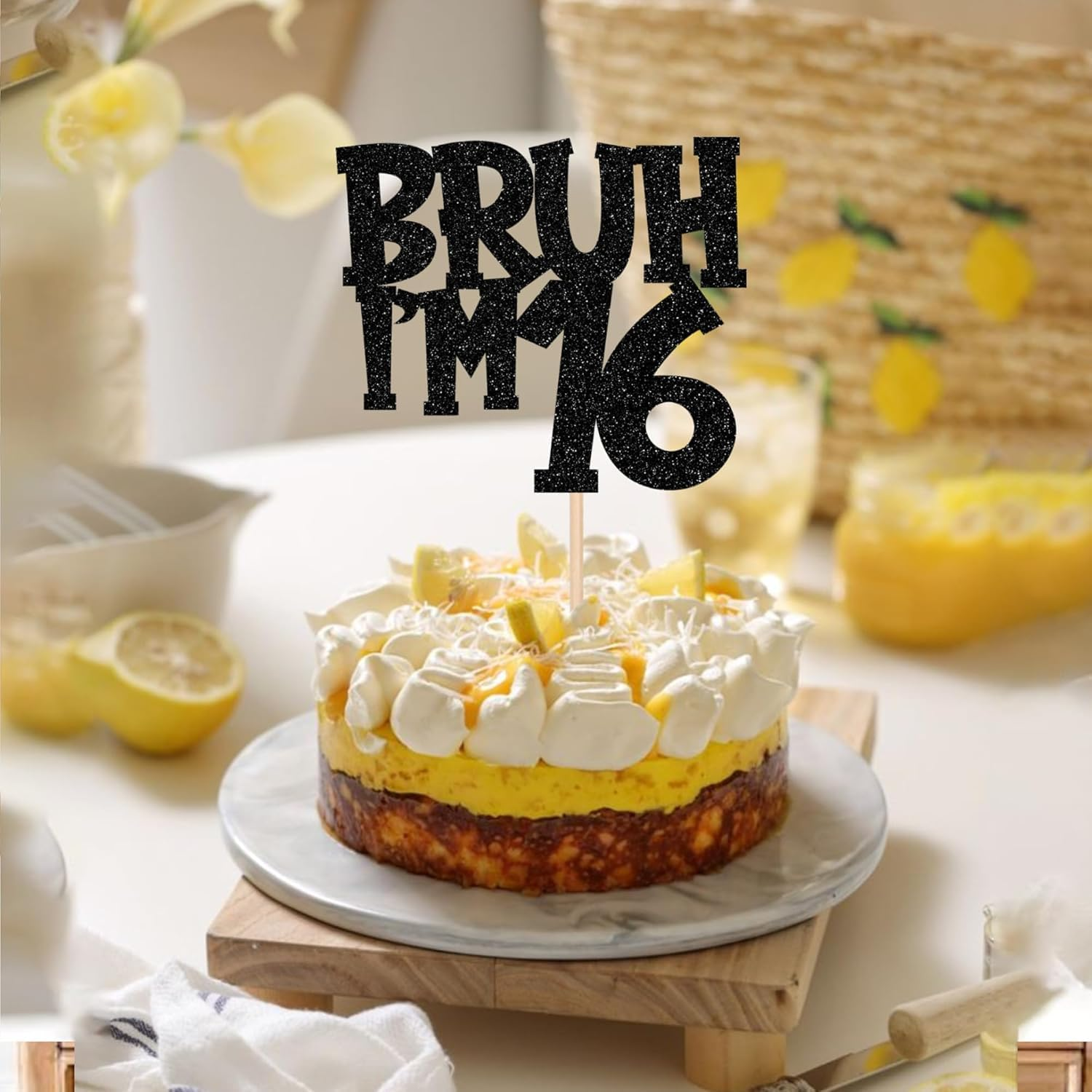 SYKYCTCY 1 Pack Black Glitter Bruh I'M 16 Cake Topper Glitter Cheers to 16Th Cake Pick Funny 16Th Cake Decorations for Happy Birthday Party Supplies Black image number 6