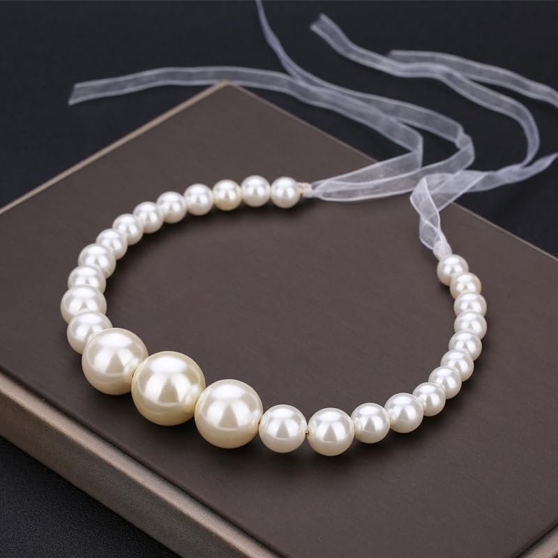 SINLOV Bridal Wedding Hair Band Vintage Bridal Pearl Headband Faux round Peal Pearls Hair Vine Headpiece Hair Accessories Headband for Women image number 2