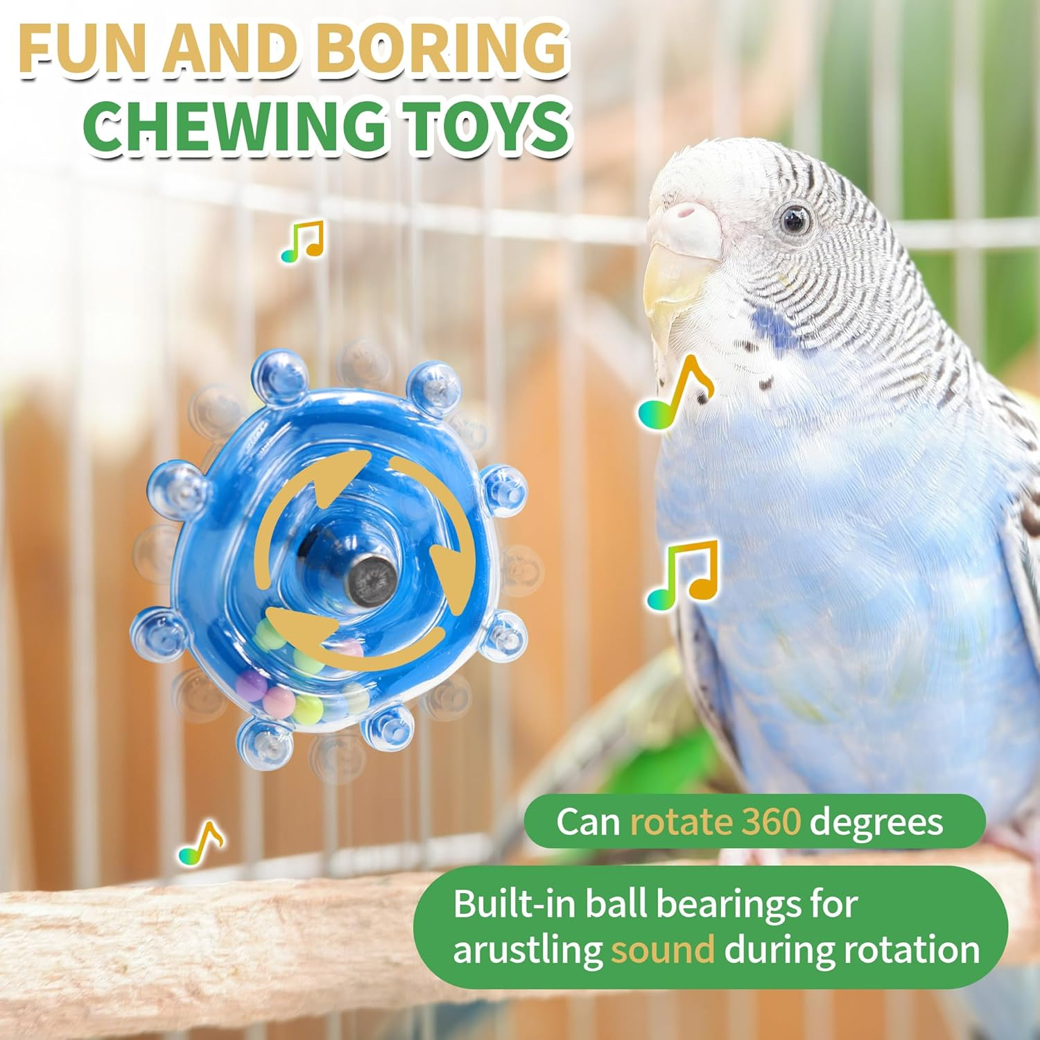 Bird Toys for Parakeets, Interactive Spinner Rattle Budgie Toys, Rotating Wheel Chew Parrot Toys for Medium Birds Small Cockatiels Conures Enrichment Toy (Blue) image number 1