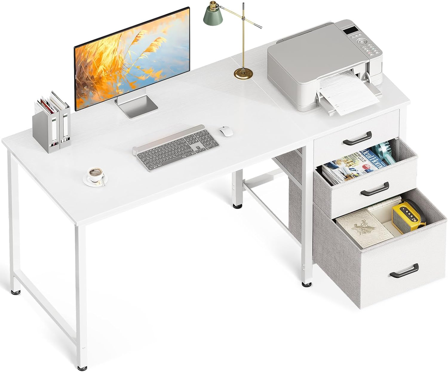 ODK 48Inch Computer Desk with 3 Drawers Reversible,Home Office Desk with Stable Metal Structure&Headphone Hooks, Computer Gaming Table for Writing Study Working, 120 * 48 * 75.7Cm,White image number 2