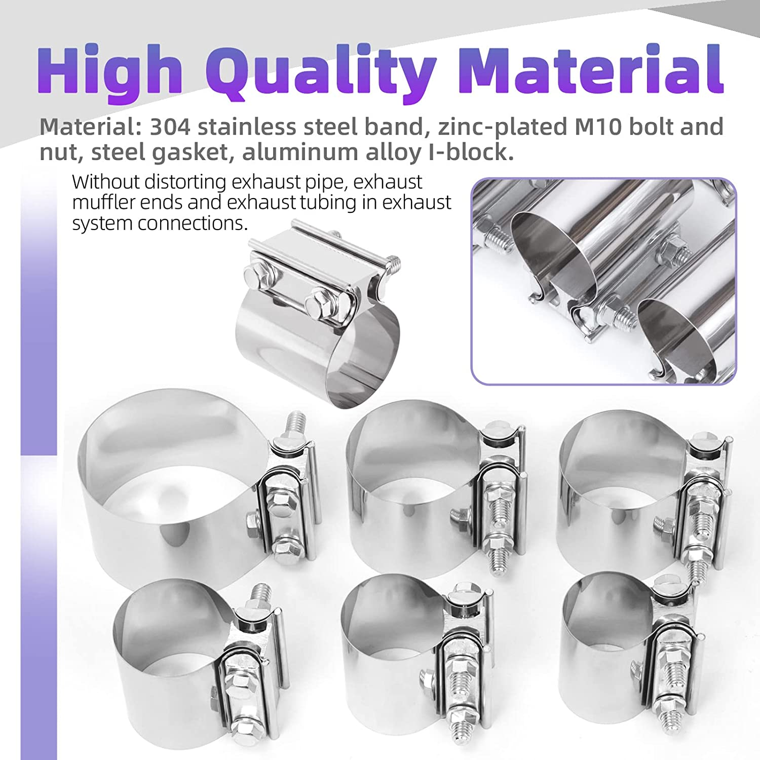 Swpeet 2Pcs 2.75 Inch Stainless Steel Exhaust Clamp, Lap Joint Band Clamp Exhaust Clamps Pipe Repair Parts, Butt Joint Exhaust Band Clamp Sleeve Coupler for Exhaust Pipes Mufflers image number 6