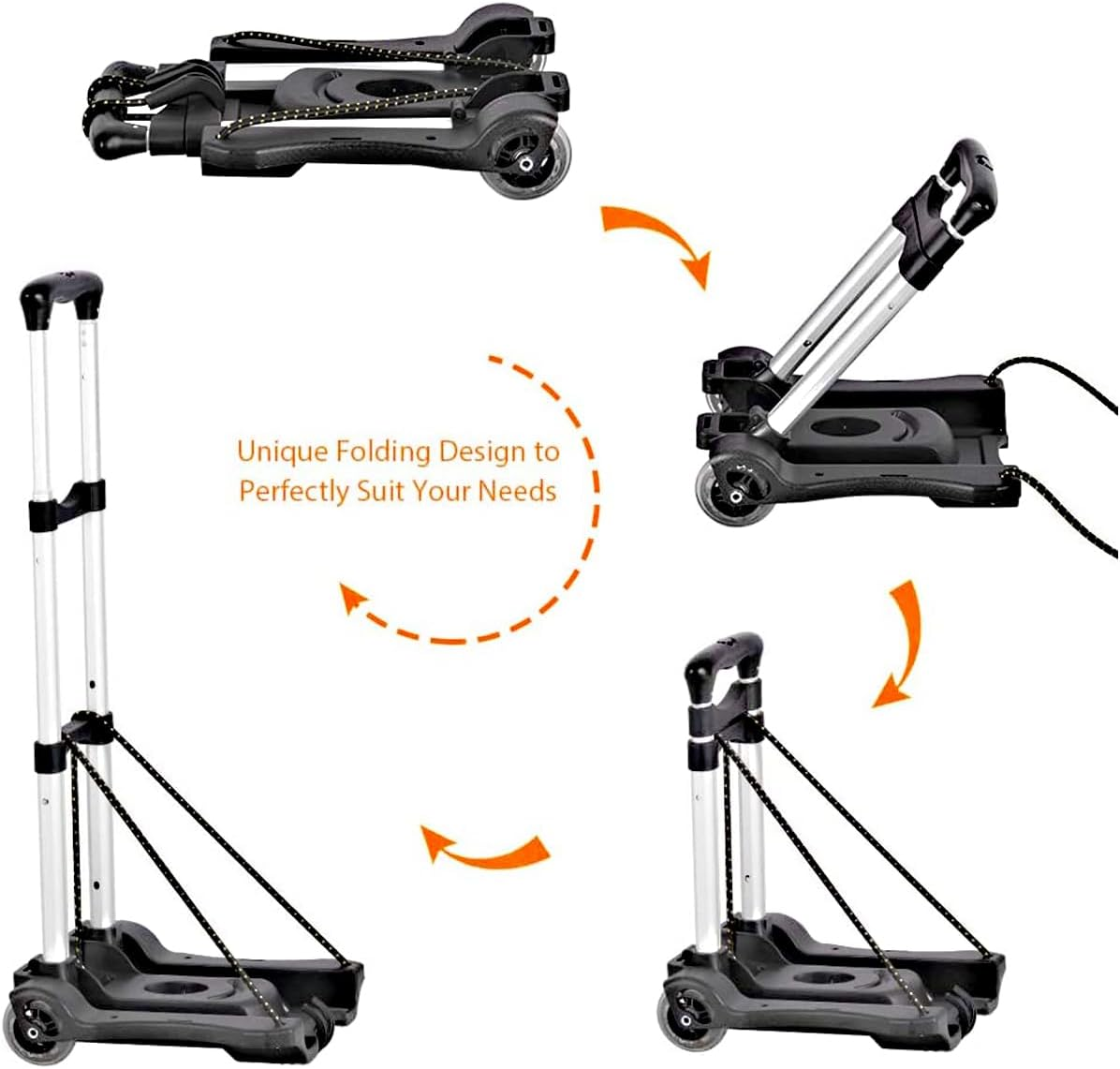Small Folding Hand Truck Dolly with 2 Wheels, Platform Cart with Black & 2 Elastic Ropes for Luggage, Travel, Moving, Shopping, Office Use image number 6