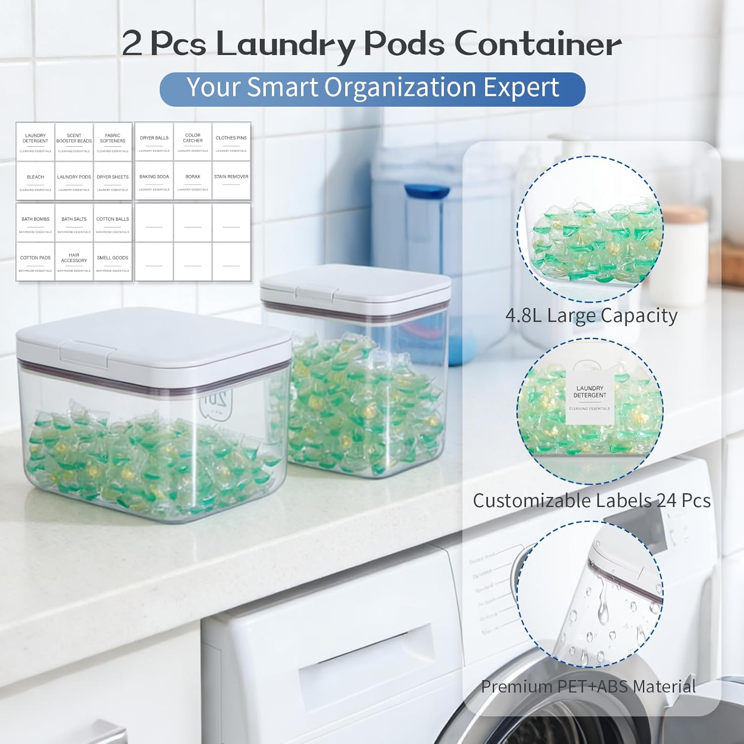 VINATO Set of 2 Laundry Detergent Storage with Lid, Storage Box Made of PET Plastic, Laundry Pods Container Set, Organiser for Detergent, Laundry Beads, Scented Beads, Flour
