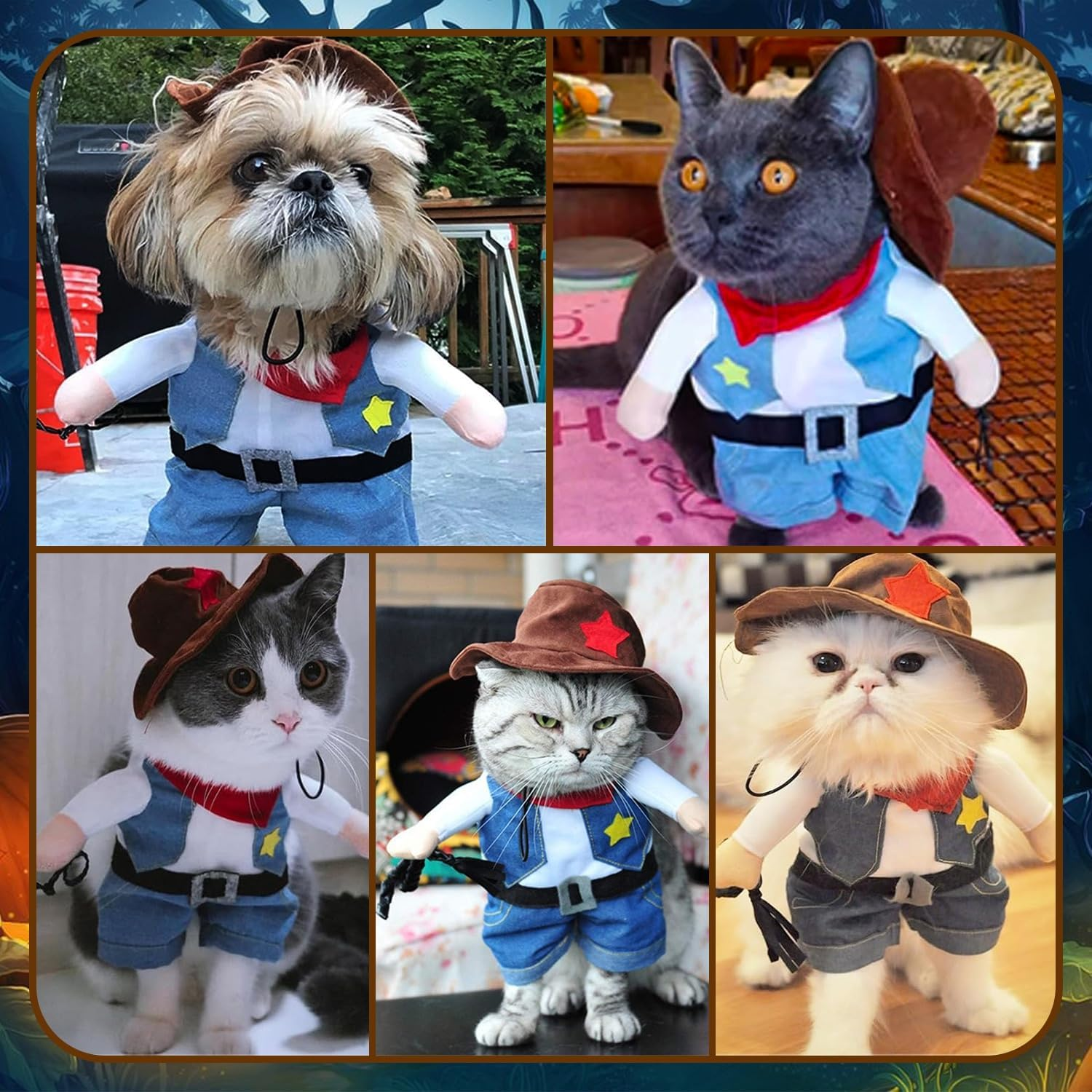 Cowboy Cat Costume with Hat, Funny Dog Costume, Cowboy Halloween Costumes for Cat & Puppy, Cute Cat Clothes Party Cosplay Costume for Cats, Puppy & Small Dogs (Blue, Medium) image number 4