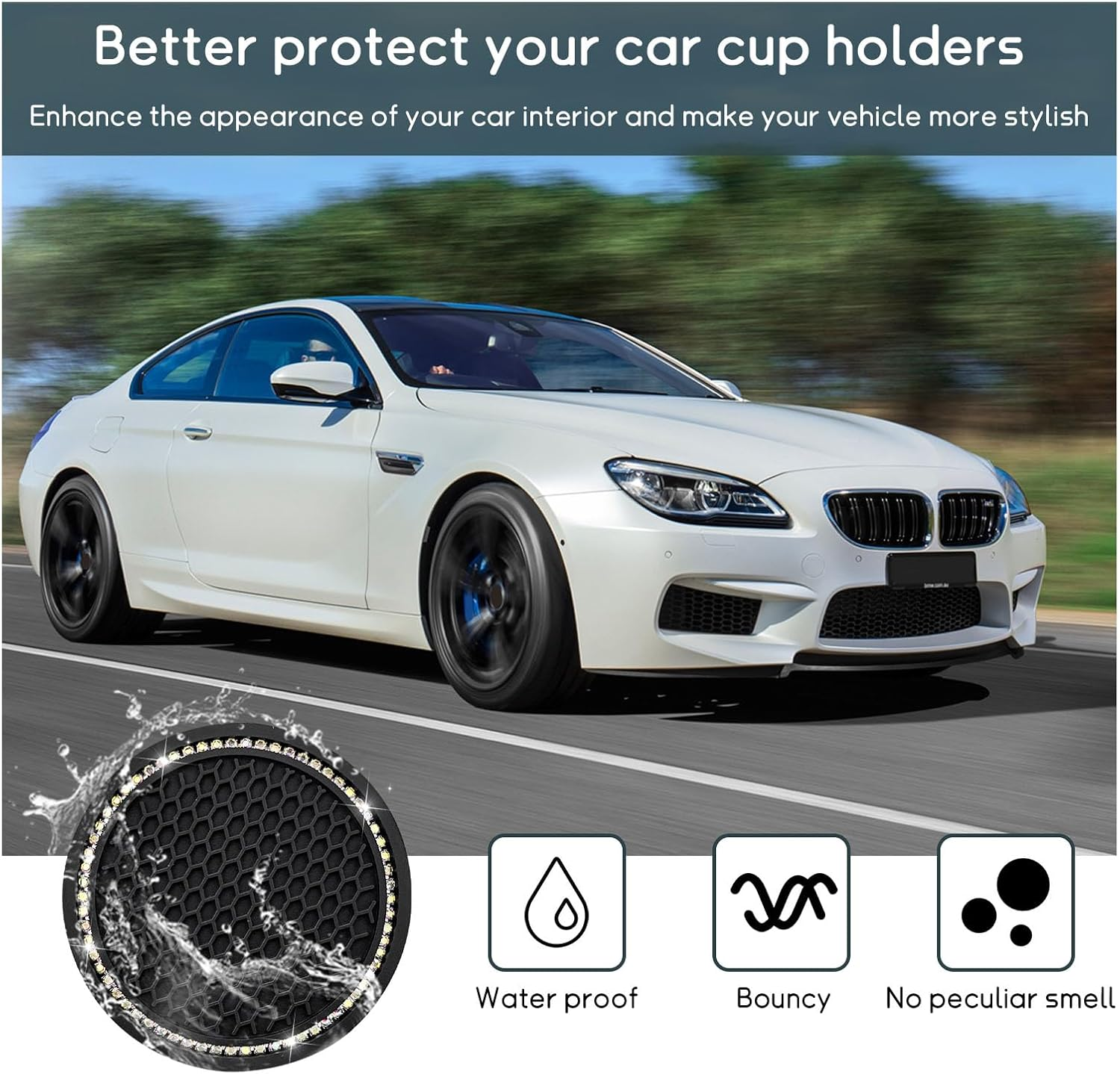 4 PCS Bling Car Cup Coaster, 2.75 Inch Crystal Rhinestone Auto Cup Holder Insert Coaster, Anti-Slip Durable Car Drink Cup Mat, Universal Vehicle Interior Decor Accessories (Black & AB) - Black  Colorful image number 4